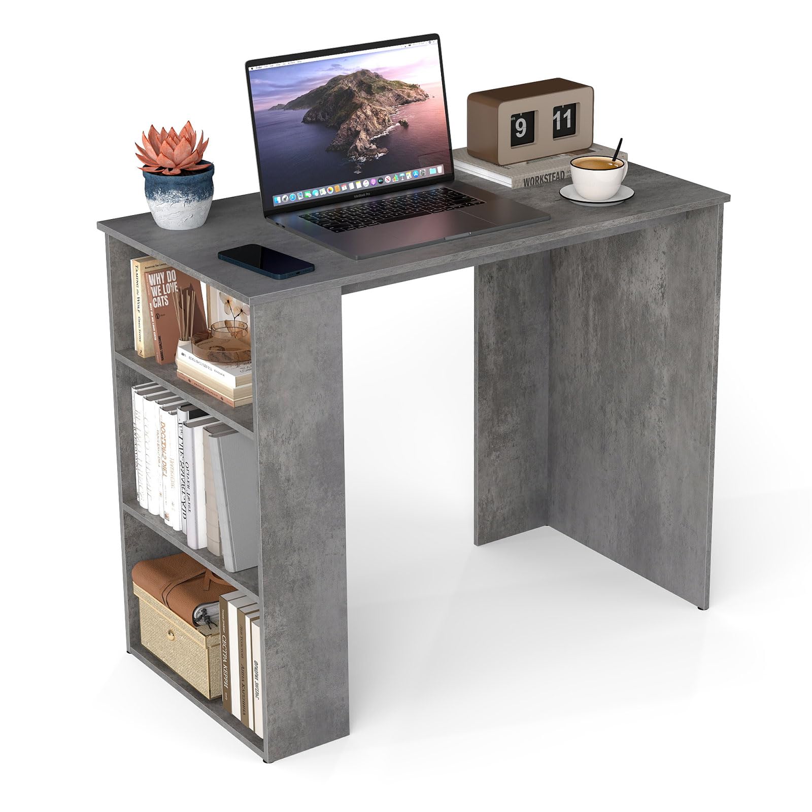 COSTWAY Compact Computer Desk, Small Wooden Study Writing Workstation with Open Compartment, Modern Simple PC Laptop Table Working Desk for Home Office Bedroom (Grey, 90 x 45 x 74cm) — image 1