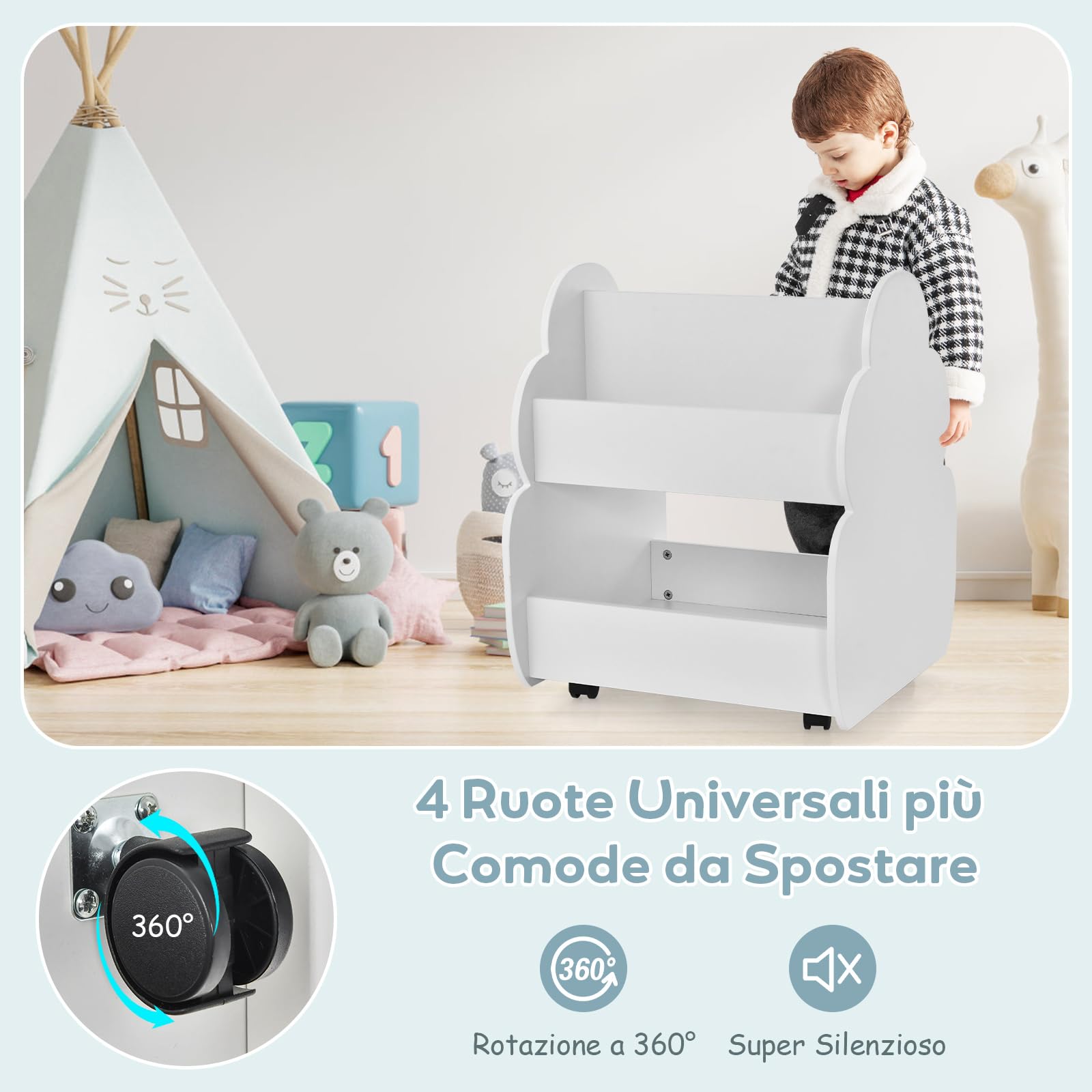COSTWAY Libreria Montessoriana Doppio Lato per Bambini con Ruote, Scaffale Portaoggetti Multifunzione a 2 Livelli con Angoli Arrotondati, Libreria Bassa per Cameretta e Asilo, 52x47x63,5 cm, Bianco