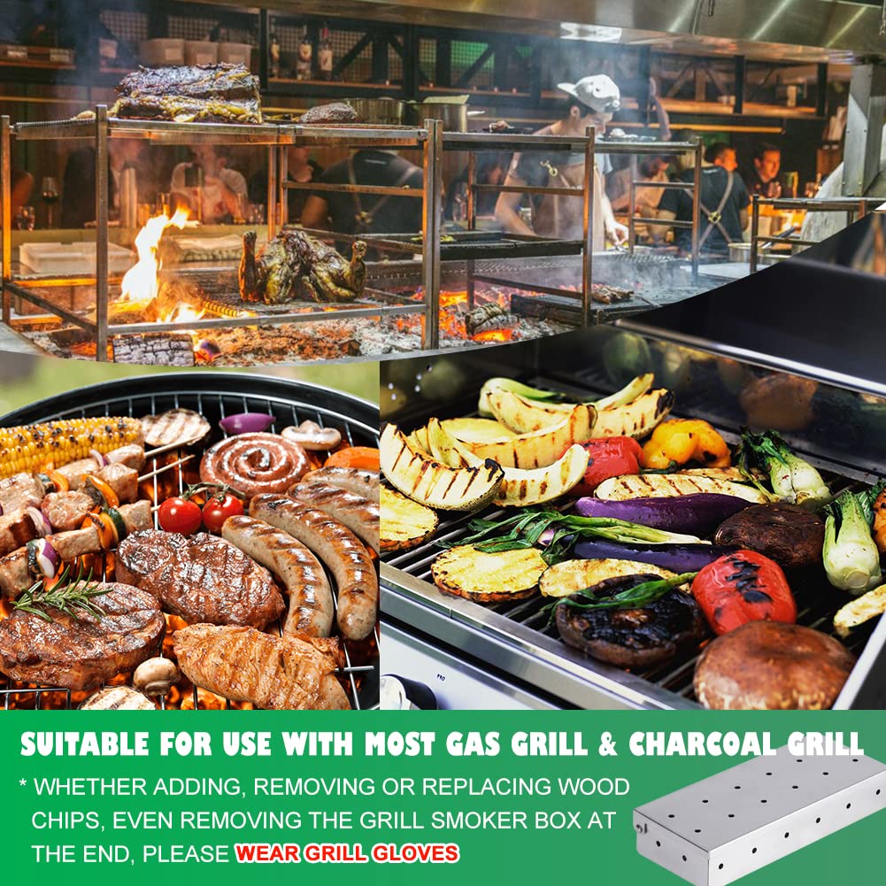 Affumicatore BBQ, Smoker Box Accessori per Barbecue - Scatola per Fumatori Affumicatore in Acciaio Inox, Box Affumicatore Barbecue Portatile Smoking Box per Barbecue a Gas & Griglia a Carbone(Argento)