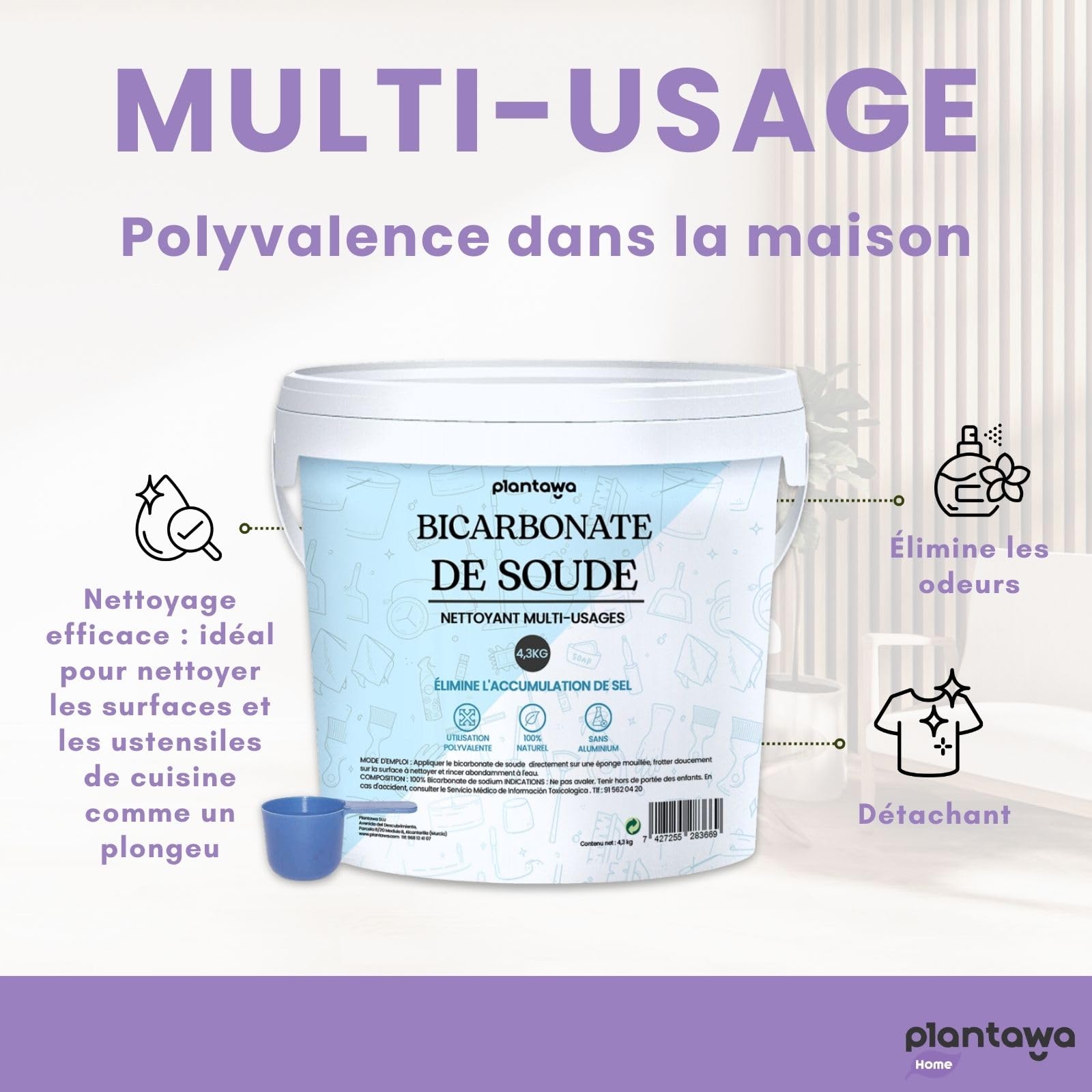 PLANTAWA Bicarbonate de Soude Ménager 4,3kg | Bicarbonate de Soude Multi-Usages | Détachant, Blanchissant et Élimine Odeurs et Graisse | Origine Naturelle et Pure