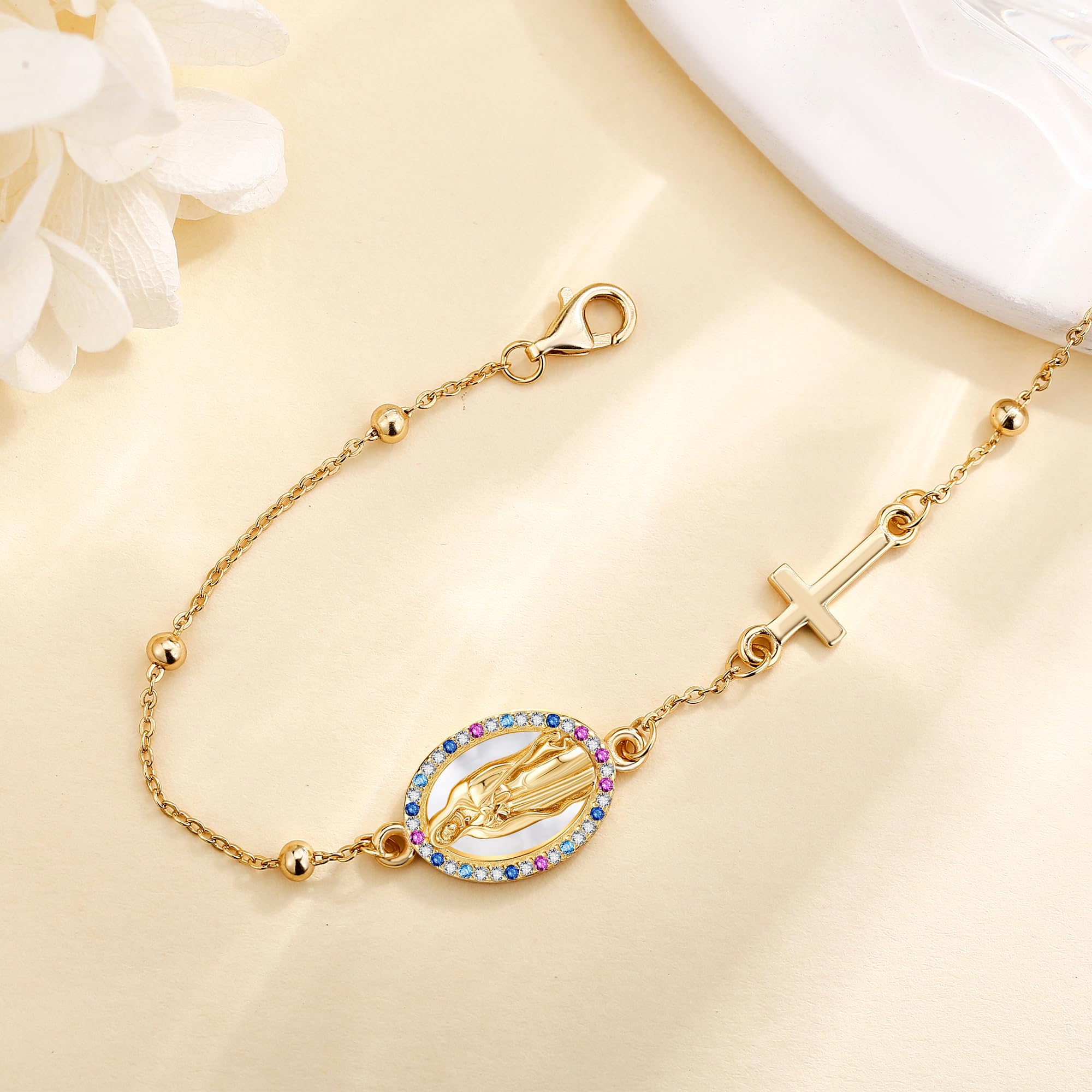 URONE Armband mit der Jungfrau Maria aus Sterlingsilber Rosenkranzperlen Kreuzanhänger Armband „Virgen de Guadalupe“ Christlicher Schmuck Geschenke für Damen