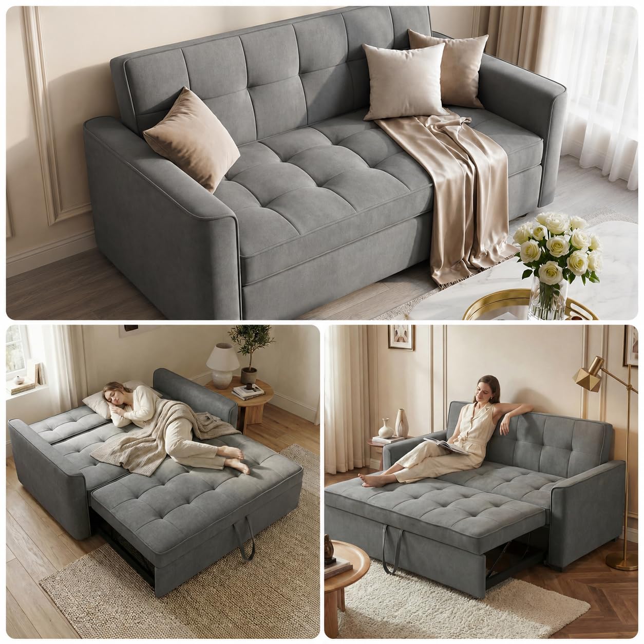 Guyii Schlafsofa 3-Sitzer Grau, Ausziehbares Sofa mit Schlaffunktion und Bettfunktion, Gepolstertes Bettsofa mit Armlehnen, Schlafcouch für Wohnzimmer, Gästezimmer, Kleine Räume