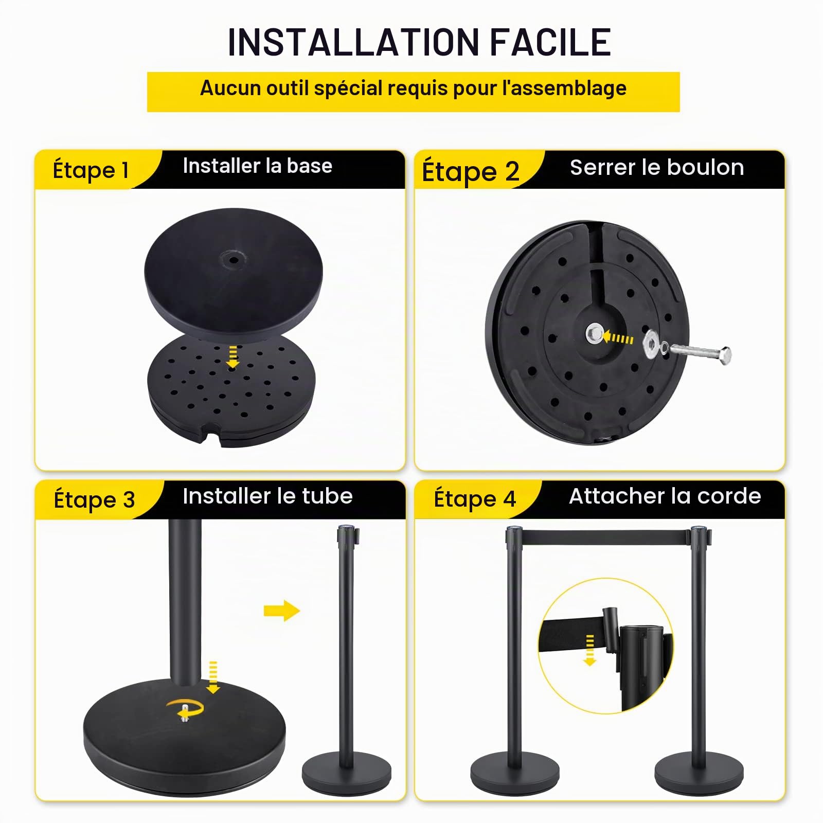 VEVOR Poteau de Guidage 6PCs 90 cm, Barrière de Balisage pour le Contrôle de Foules avec 3 Ceintures Rétractables Noires, pour Délimitation Séparation File d'Attente en Public École Théâtre Exposition