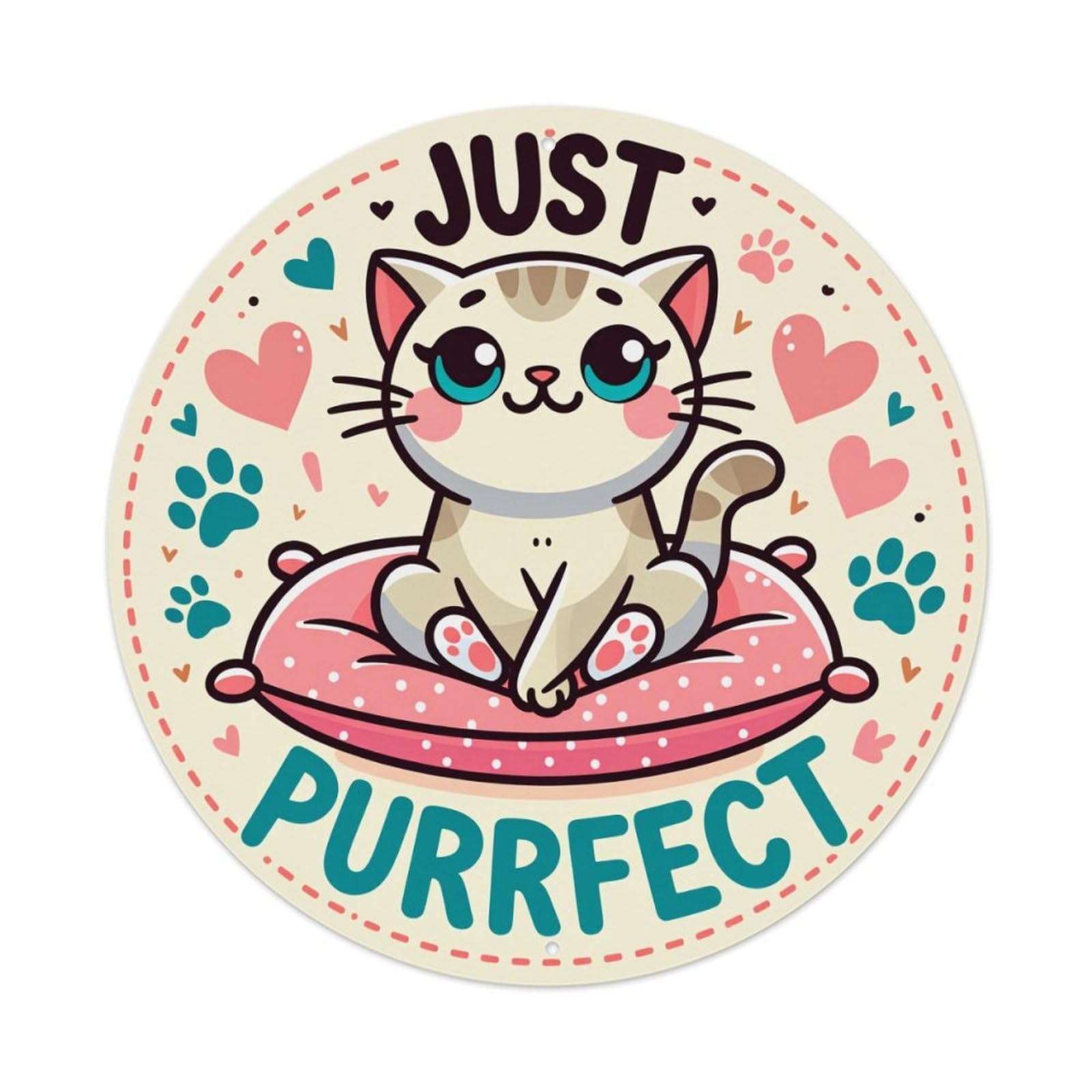 Cute Cat On Pillow With Hearts And Paws Round Tin Sign Vintage Style Metal Sign Home Bar Garden Wall Plaque Decor Metal Poster 8x8 Inch