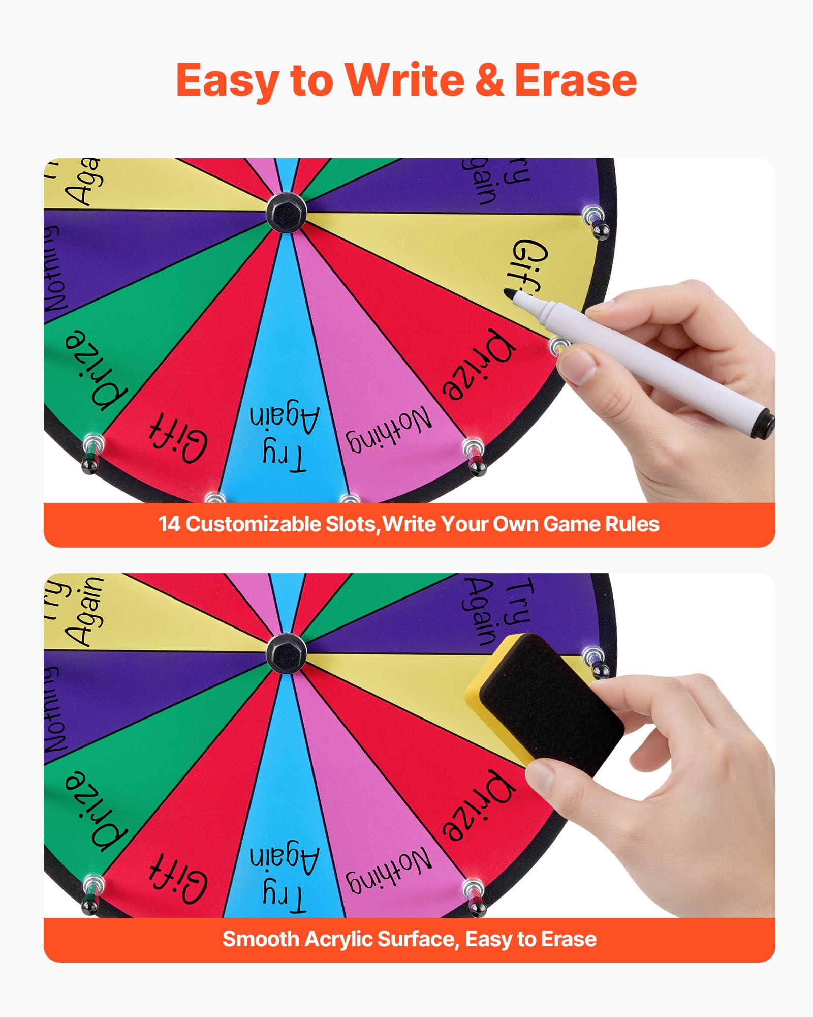 VEVOR Glücksrad Drehrad (305 mm) 14 Slots Glücksrad mit Ständer, Lotteriespiele Gewinn-Roulette mit Tafelschwamm & 2 Markern, 6 Farben, Spinning Prize Wheel ideal für Party Kneipe Messe