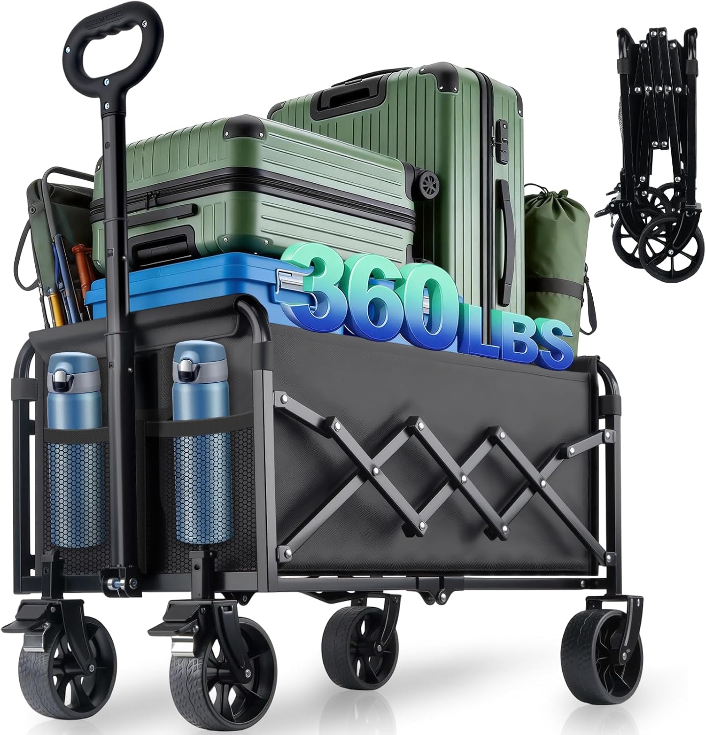 Collapsible Wagon Cart Foldable with Breakes - 360 LBS Heavy Duty Folding Grocery Cart with All Terrain Wheels & Breakes, for Shopping, Beach, Camping, Sports, Garden & Fishing