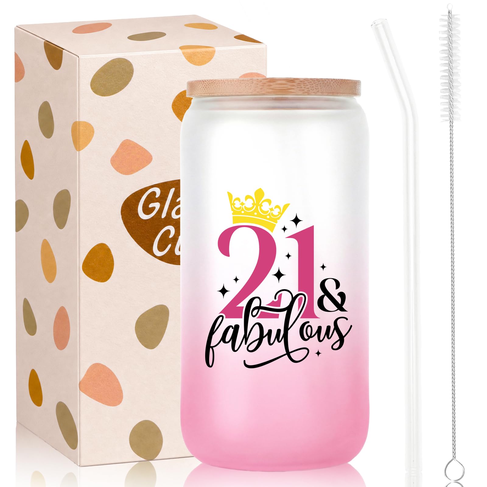 Bliceon 21st Birthday Gifts for Girls, 21st Birthday Iced Coffee Cup, 16oz Frosted Glass Cups with Lids and Straws for Daughter, Sister, Best Friend, Granddaughter, 21 Year Old Girl