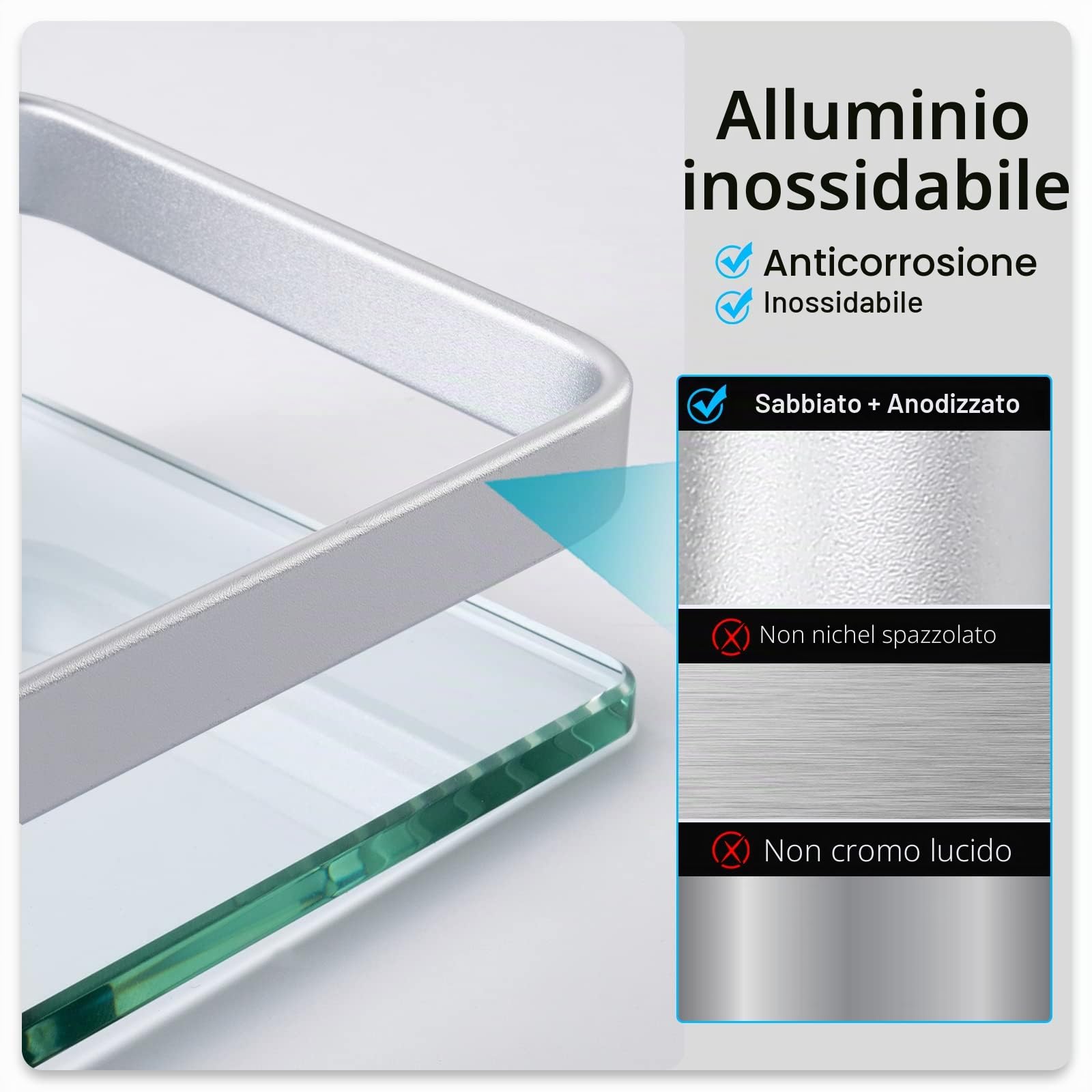 KES Mensola Bagno Mensole da Muro Vetro Mensola Dccia Vetro Temperato Rettangolare Alluminio Argento 2 Pacchi, A4126A-P2