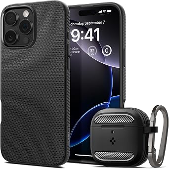 Spigen Liquid Air Designed for iPhone 16 Pro Max Case and Rugged Armor Designed for AirPods 4 Case 2024 Bundle - Matte Black