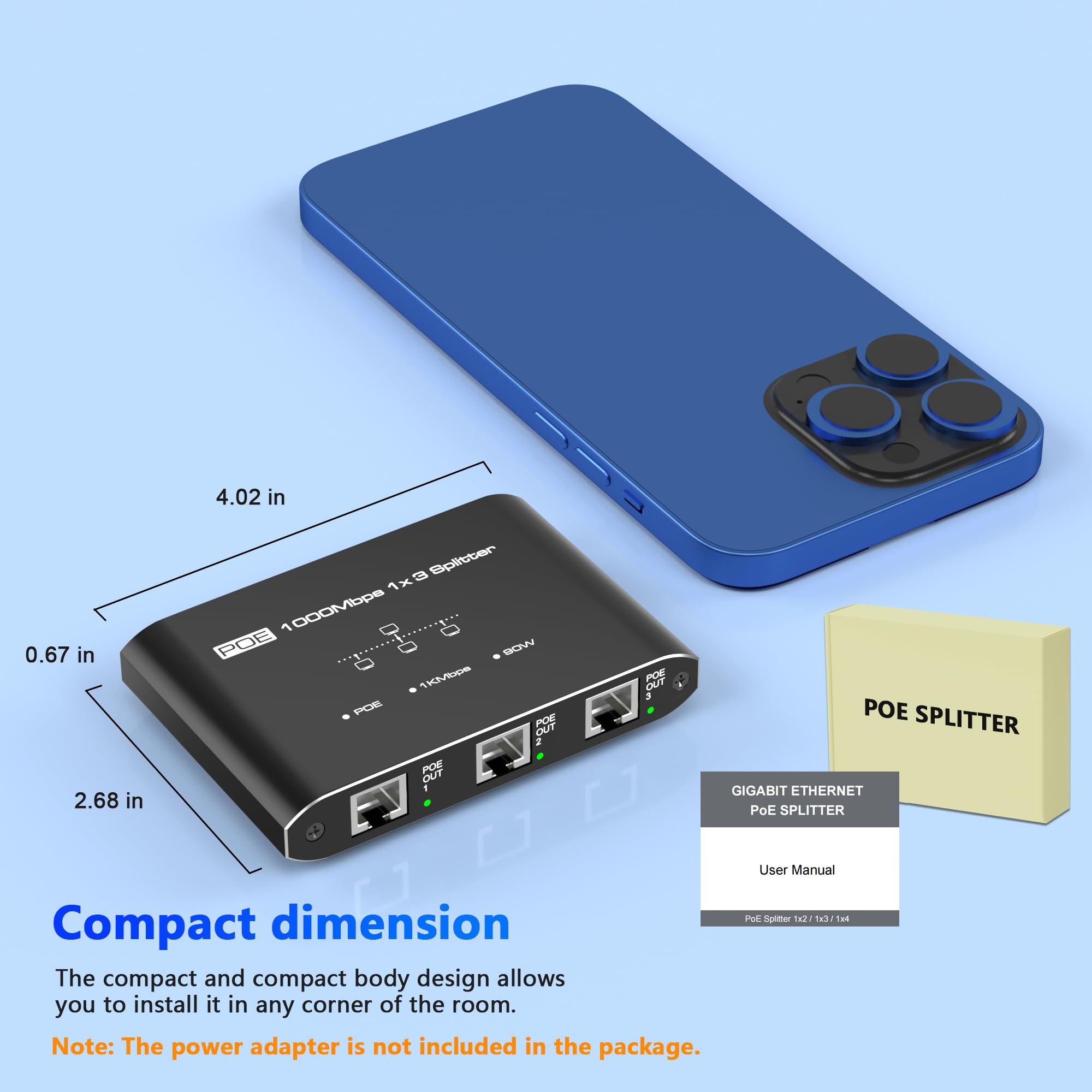 Commutateur PoE 1 entrée 3 sorties, répartiteur PoE Gigabit 3 ports, conforme à la norme IEEE 802.3at/af, concentrateur d'alimentation par port 30 W par port pour caméras IP/points d'accès/téléphones