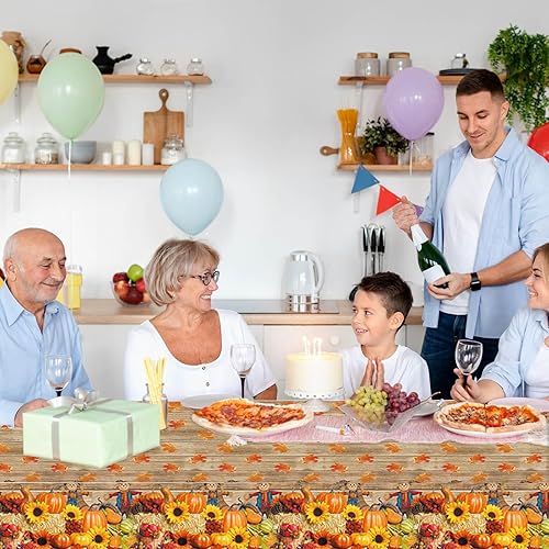 Miniatura 6 de Mocsicka Paquete de 3 manteles desechables de otoño, espantapájaros, calabaza, Acción de Gracias, impermeables, rectangulares, de plástico, para