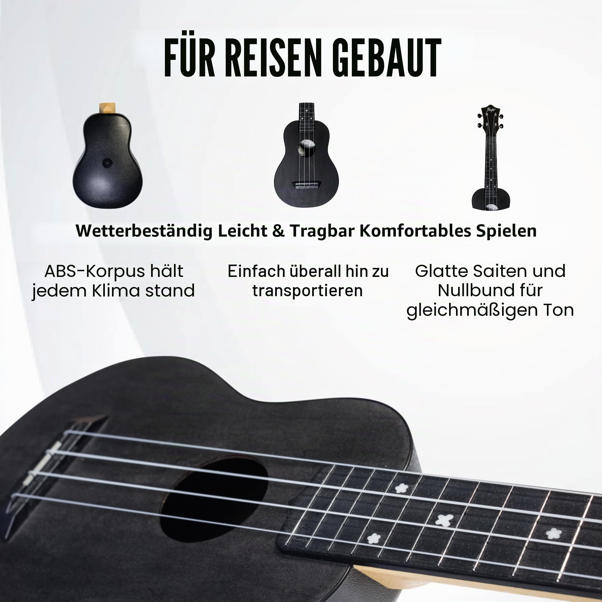 Flight, 4-saitige Travel Series Sopran-Ukulele, schwarz (TUS-35 BK)