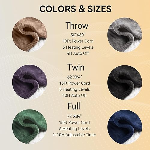 Miniatura 9 de Manta eléctrica tamaño individual  Manta térmica individual de 62 x 84 pulgadas con 5 niveles de calefacción, manta térmica con protección contra