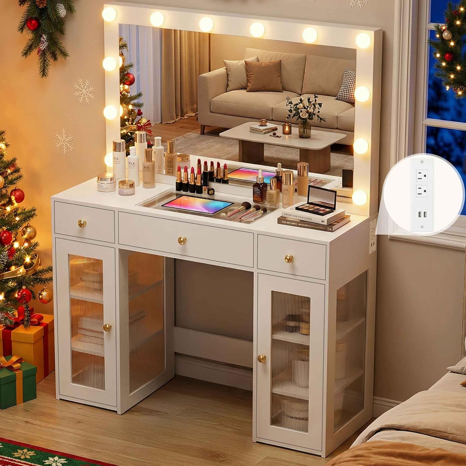 Makeup Vanity Desk with Mirror and Lights for Bedroom,White Vanity with Glass Top,Power Outlet,3 Drawers & 2 Acrylic Cabinets,3 Light Modes & Adjustable brightness,Dressing Table for Women & Girls