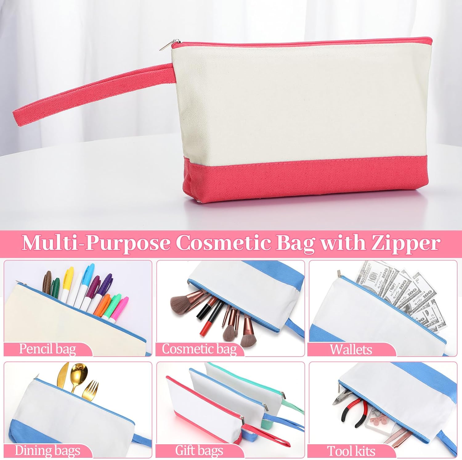 Silkfly 15 Pcs Cotton Canvas Makeup Bags Canvas Cosmetic Zipper 10.2 x 5.5 x 2 Inches Blank DIY Pouch Bag Bulk with Bottom Pencil Case Travel Toiletry Pouch for Women (Fashion Color)