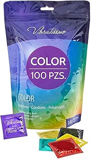 VIBRATISSIMO Condones Color paquete de 100 I sensitivos y extra húmedos I preservativos de colores I anticoncepción hombres I condones set multicolor de rojo, negro, amarillo, verde y dorado
