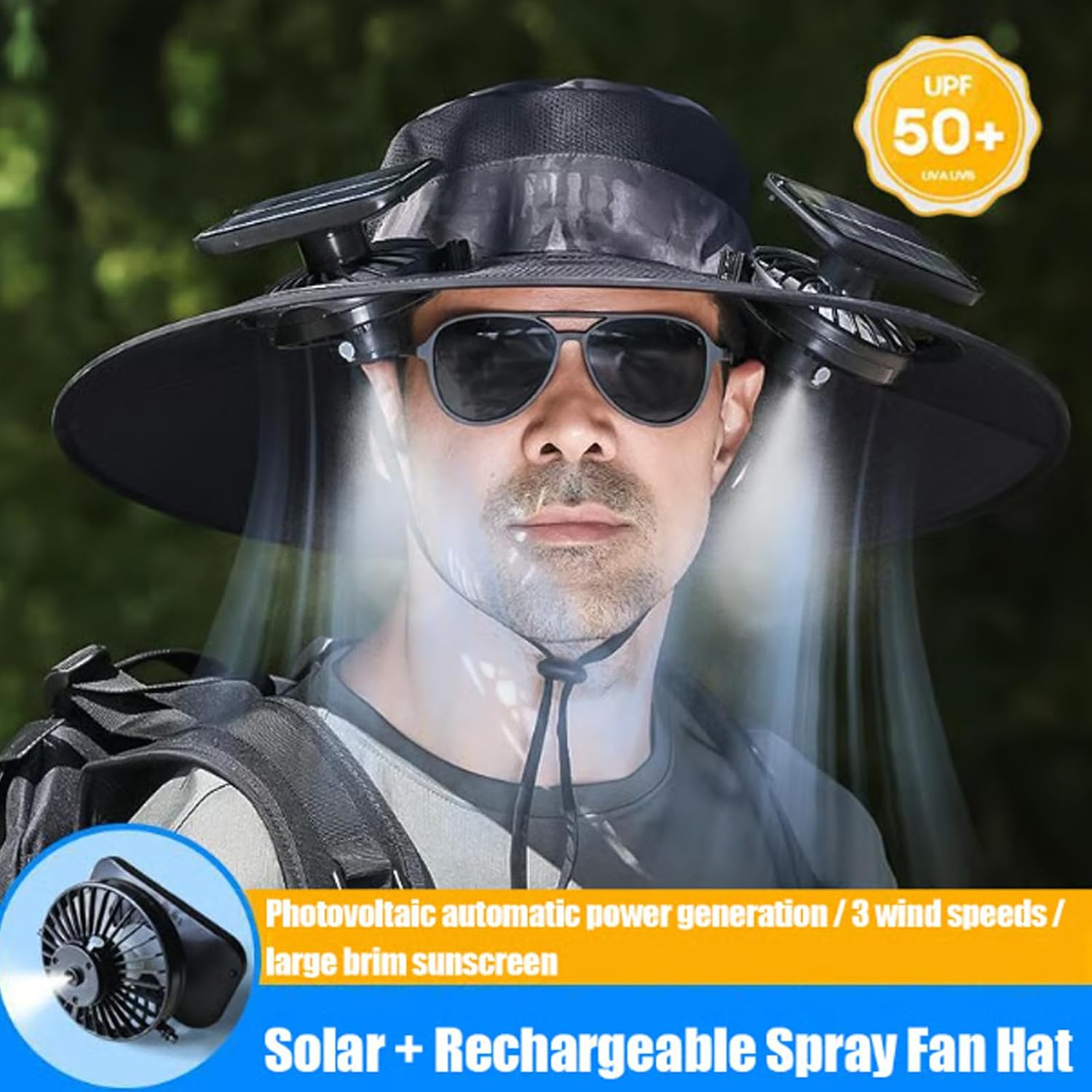 2025 Upgraded Solar Mist Fan Wide Brim Hat, Hat with Fans Solar Power, Built in USB Charging Fan for Outdoor Fishing