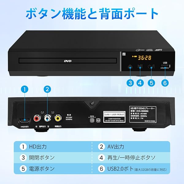 DVDプレーヤー テレビ用 再生専用 1080Pサポート HDMI/AV出力 リージョンフリー CPRMに対応し、地上デジタル放送を録画した番組の再生が可能 USB拡張再生 多種ディスク対応(DVD±R/RW・CD/-R/RW・CD-G・VCD) AV・HDMIケーブル付 リモコン付 日本語取扱説明書付 ブルーレイ非対応 - 5