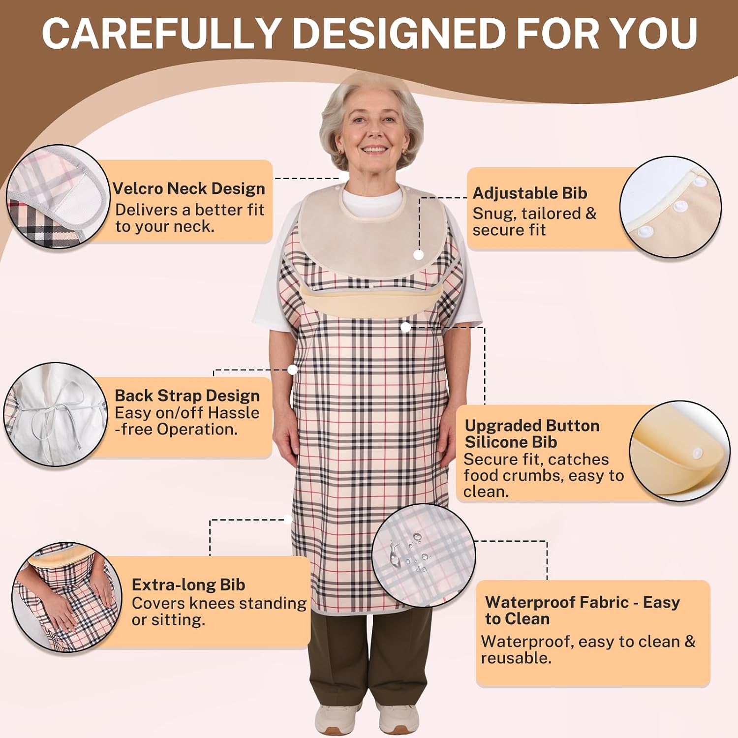 Adult Bibs for eating,Bib for Both Men and Women,Reusable Crumb Catcher, 2 Pcs Waterproof Long with Short Detachable Terry Cloth Bib, Adjustable Clothing Protectors for Elderly, Disabled, Alzheimers