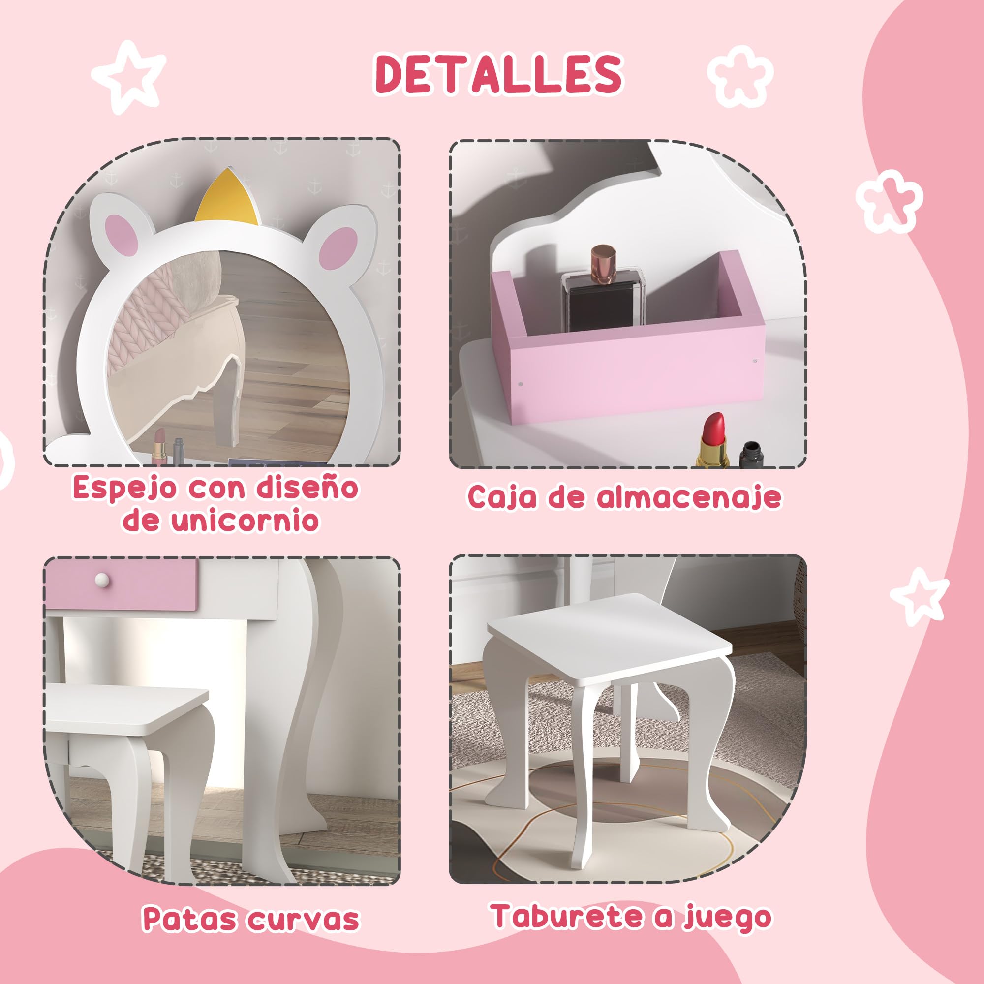 ZONEKIZ Tocador Infantil con Taburete y Espejo, Tocador para Niñas con Cajón, Compartimentos, Diseño de Unicornio, Mesa de Maquillaje para Niños y Niñas de 3-6 Años, Blanco