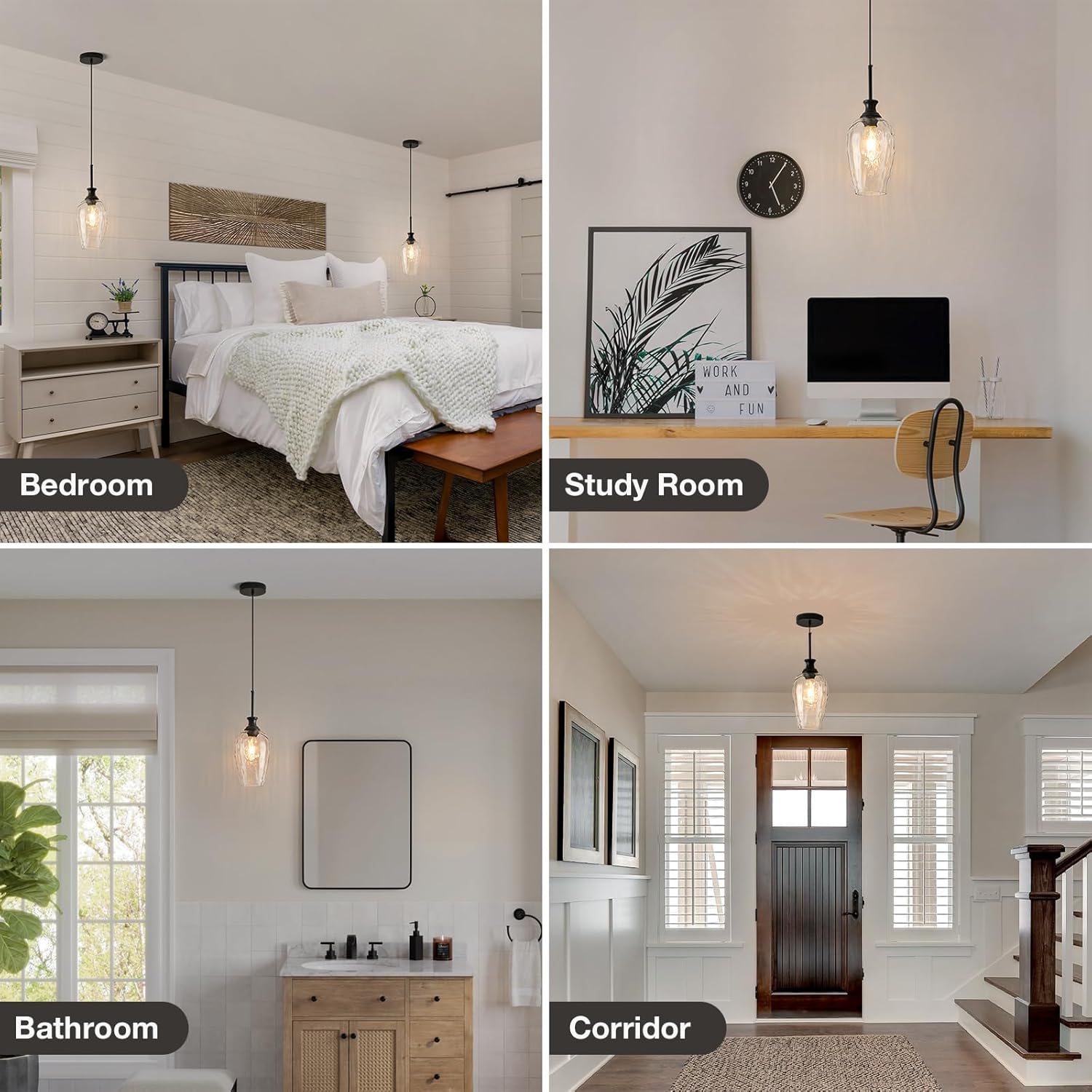 Modern Kitchen Pendant Lights,1-Light Black Pendant Light Fixtures with Hand-Blown Clear Glass Light Fixture for Kitchen Island Sink Dining Room Bedroom Hallway, E26 Bulb Not Includes