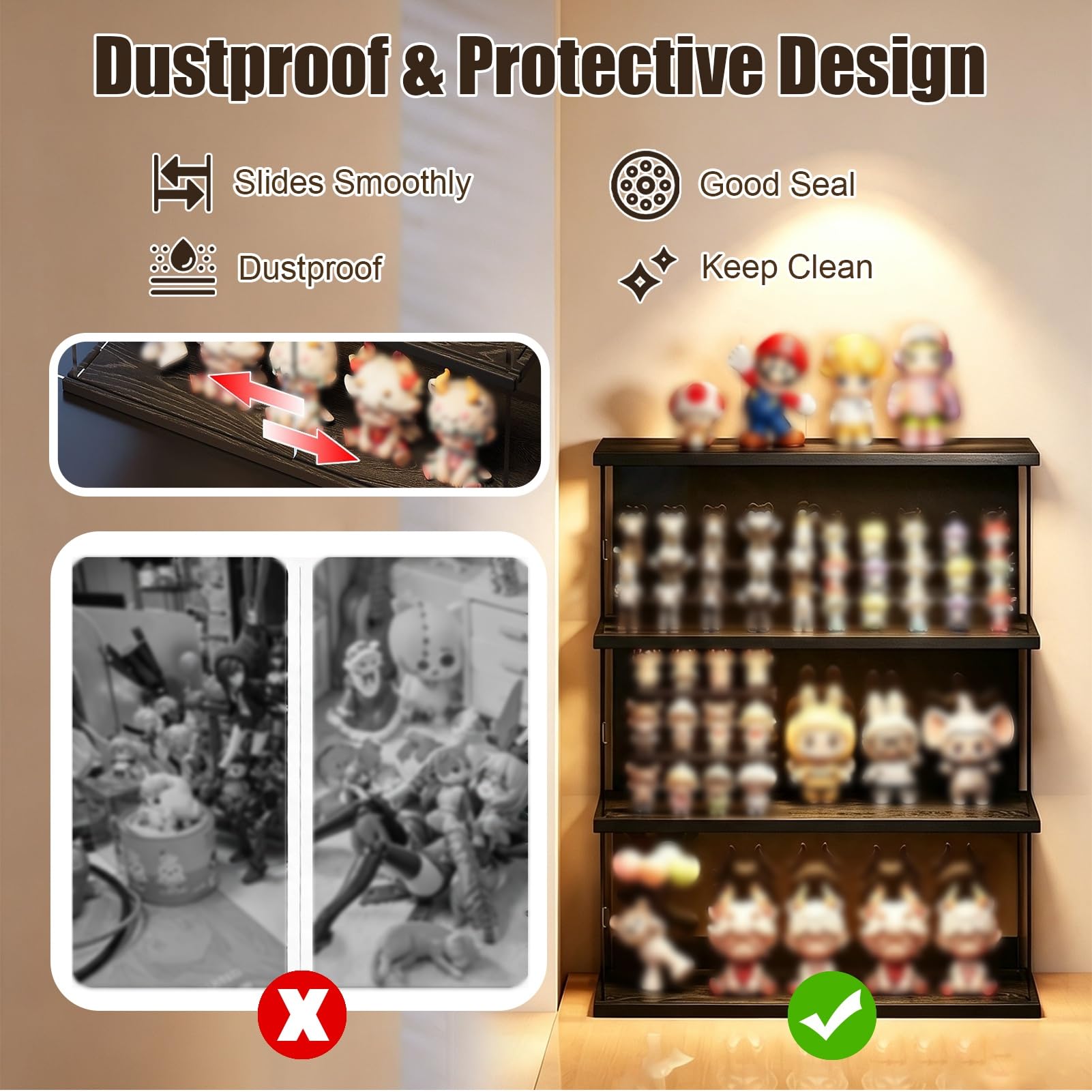 Teca Plexiglass Luce a LED, Scatola in Acrilico con Retro Nero, Vetrina | Vetrina Illuminata con Base e Coperchio in Legno, Organizer con Anta Scorrevole per Statuette con Testa Oscillante