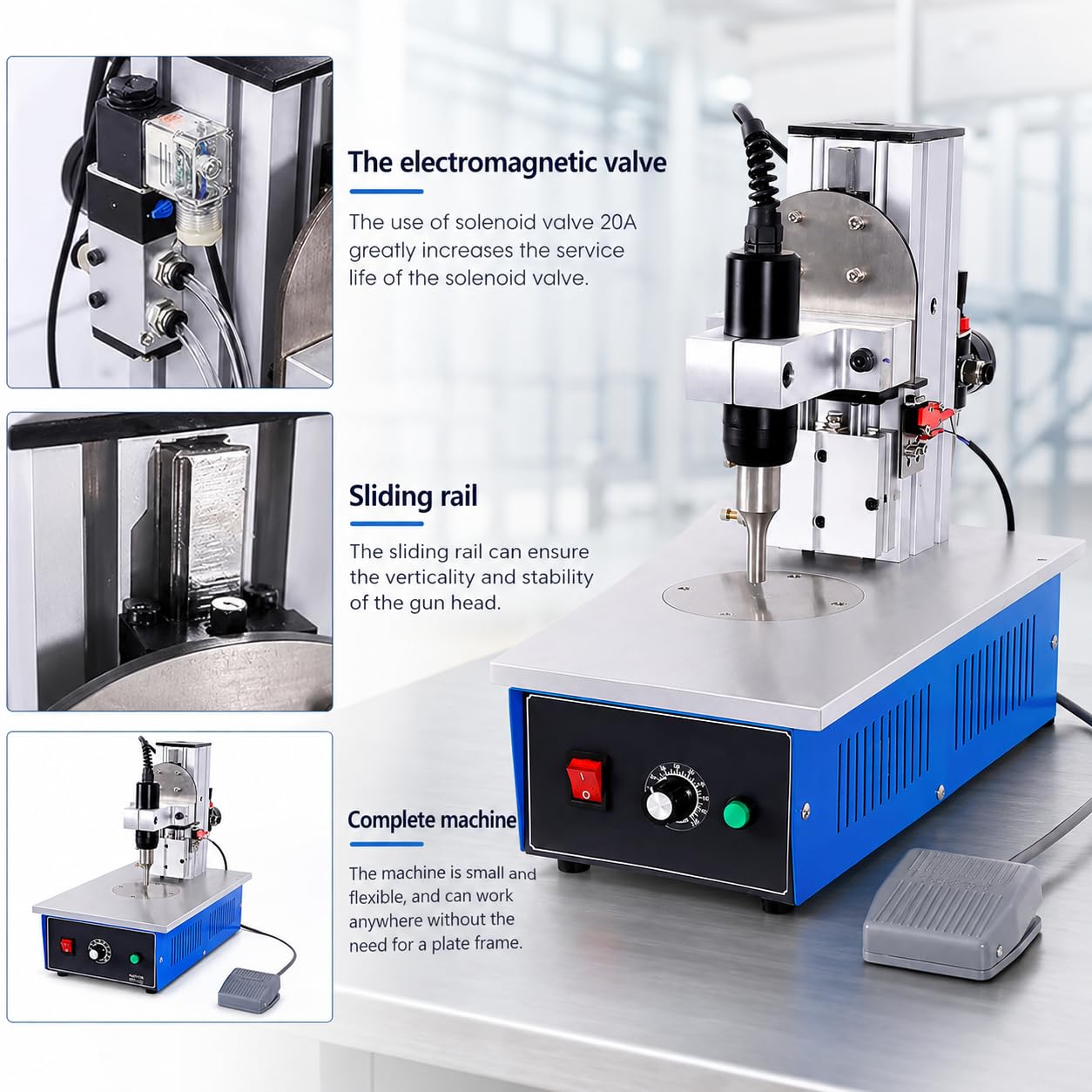 Soldadora por puntos ultrasónica neumática, máquina de soldadura de plástico de 30 KHz | Control electrónico de pedal para soldadura, remachado y montaje de materiales no tejidos, nailon y termoplásticos