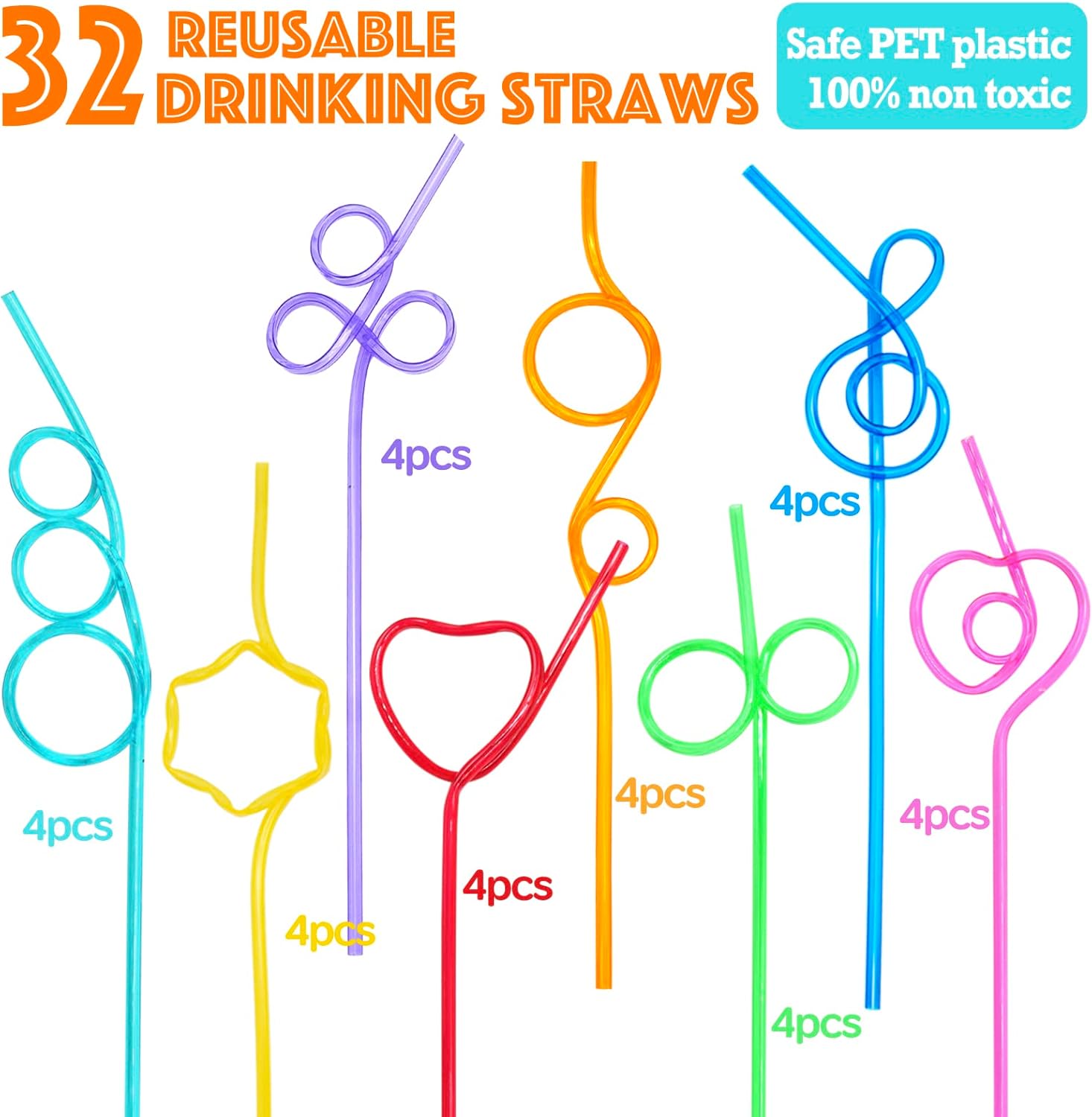 Valentines Day Cards for Kids with 32 Pack of Crazy Loop Reusable Drinking Straws, Bulk Valentine Exchange Cards for Girls Boys School Class Exchange Gifts Prizes, Valentine's Party Favors, 8 Styles