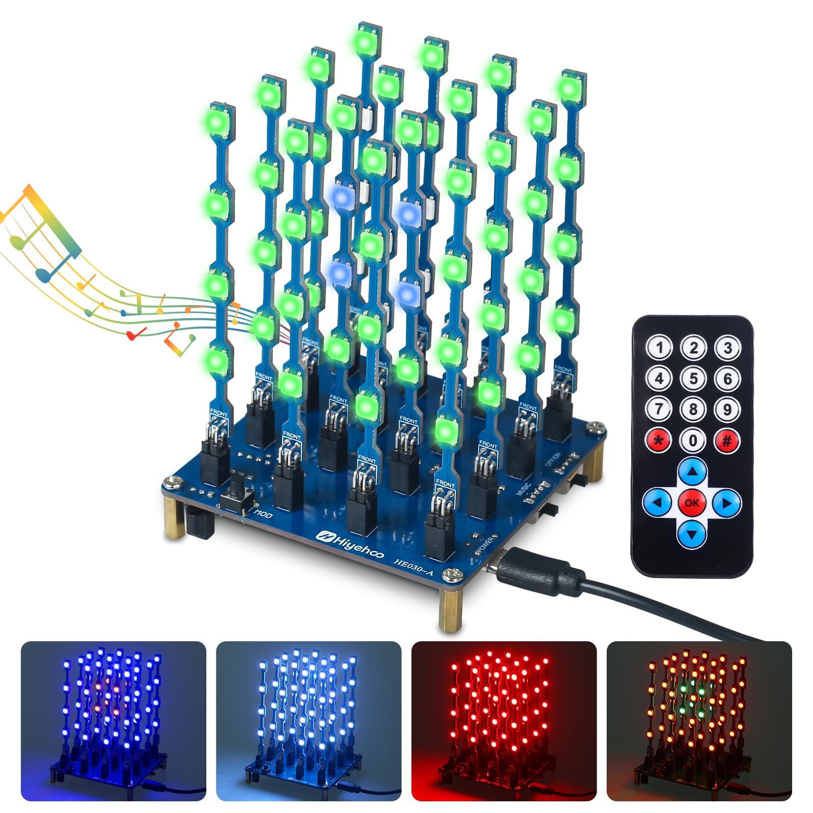 Cube LED 4x4x4 DONGKER - Kit électronique DIY Avec Télécommande, 9 Effets Lumineux Et Musique - Projet De Soudure SMD Pour Débutants Et Passionnés
