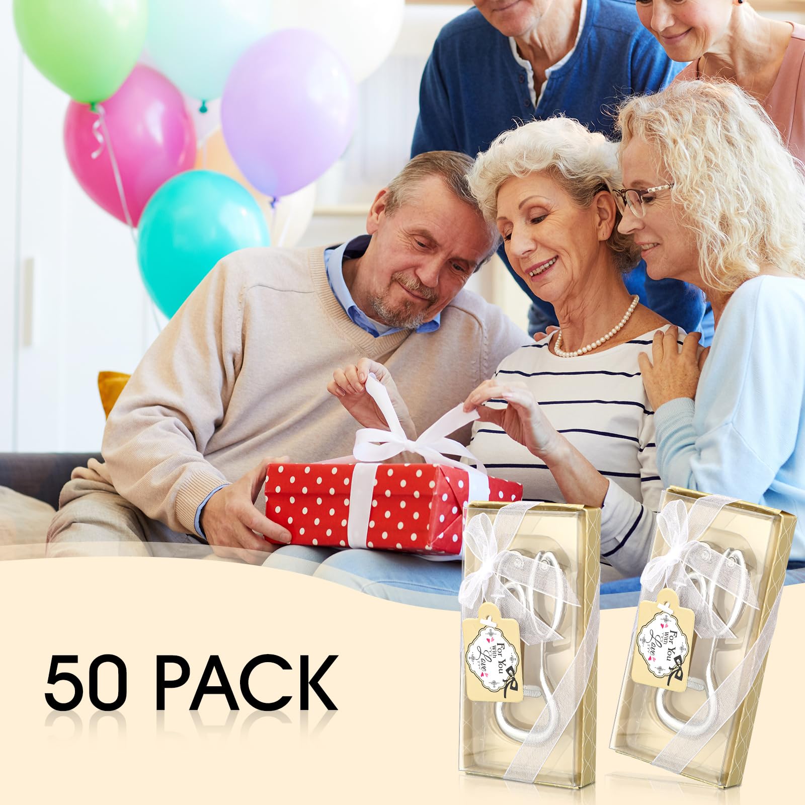 Uiifan Confezione da 50 apribottiglie argentati per feste di compleanno, per gli ospiti, con etichetta, apribottiglie per vino, birra, compleanno, matrimonio, anniversario, souvenir, bomboniere,
