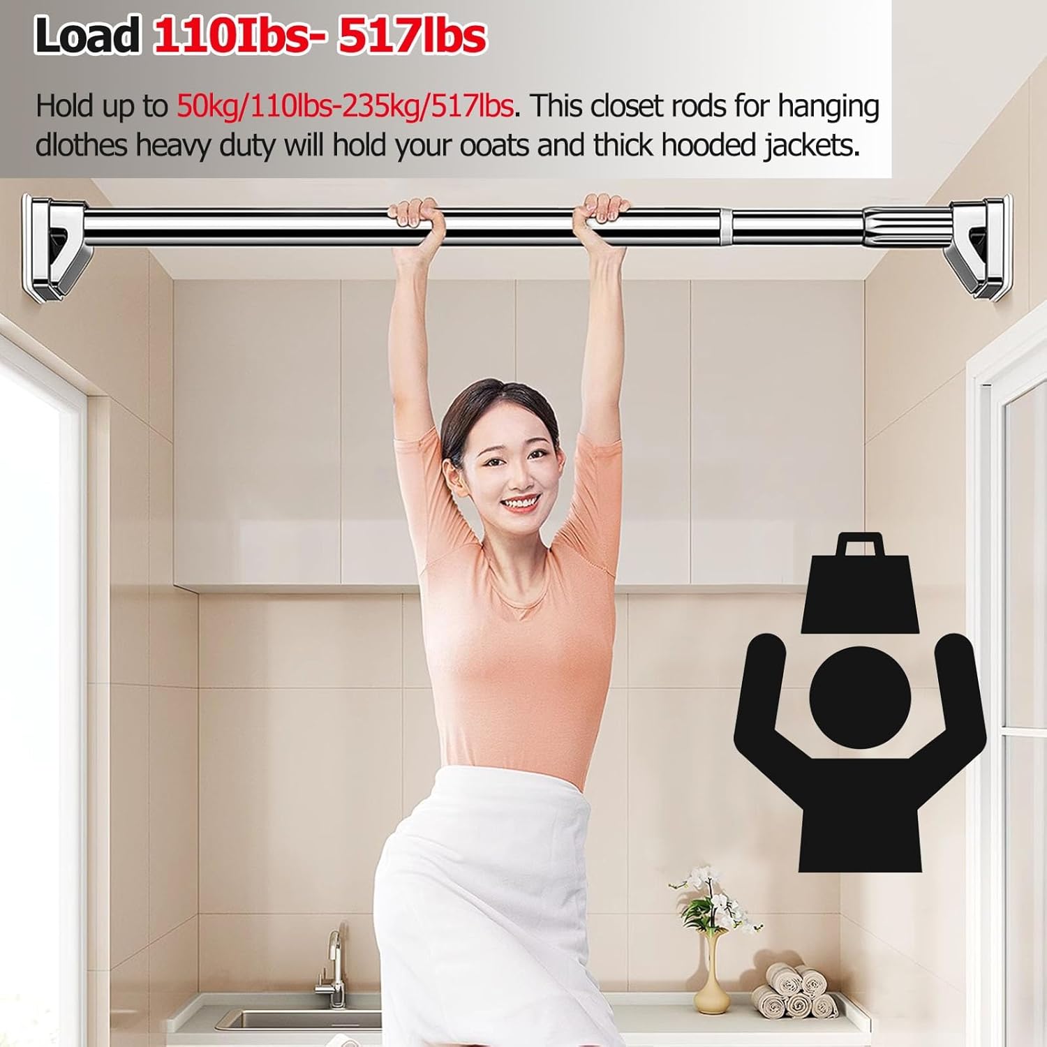 Adjustable Metal Closet Rod Tension Pole - No Drilling Clothes Hanger Rod for Bathroom & Verandahs - Space-Saving Shower Curtain Bar - Versatile Closet System (Color 4)