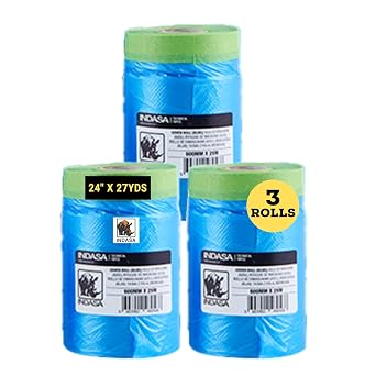 INDASA Cover Roll Pre-Taped Masking Film, Natural Rubber Tape, Static Cling Blue Polyethylene, Solvent Resistant, Multiple Sizes & Multipack Options 14"71", 310 Rolls 3, 24" x 27 Yards 600mm