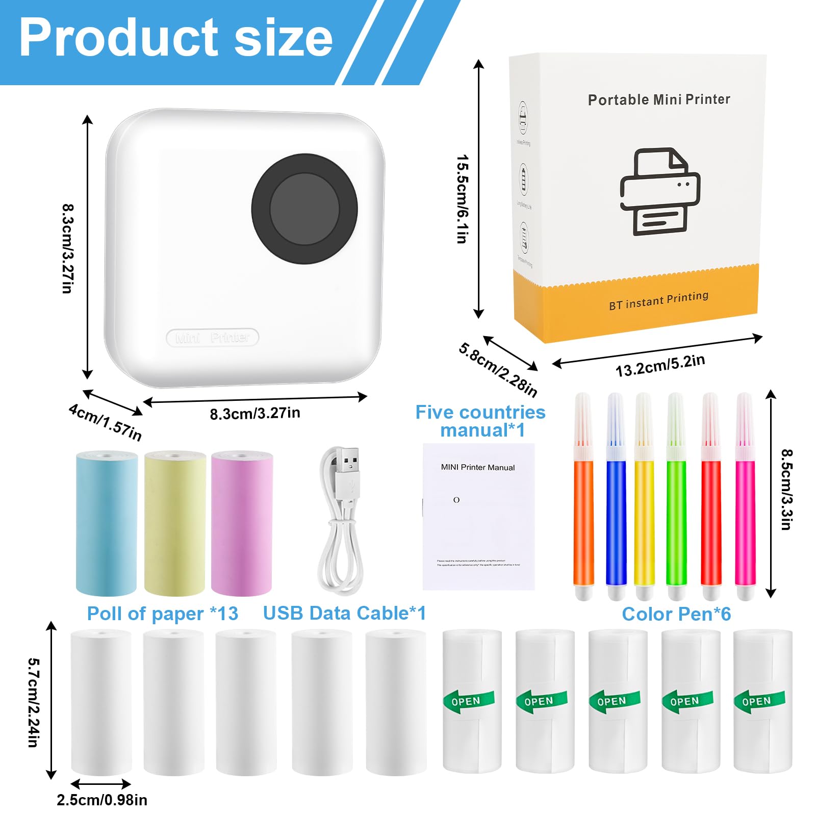 Mini Stampante Fotografica Termica Istantanea Portatile Bluetooth con Ricarica USB per Foto Note Diario Elenco Memo