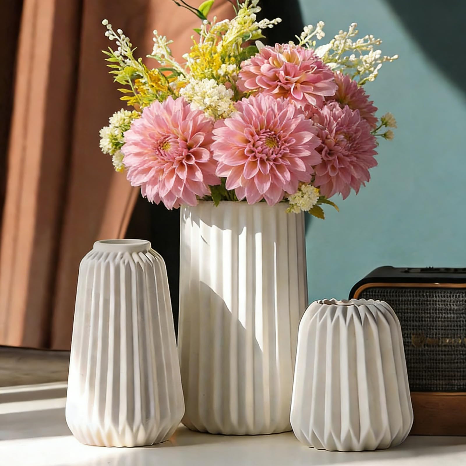 White Ceramic Vase Set of 3 - Modern Round Matte Texture, Boho Minimalism Style for Pampas Grass, Home Decor Flower vases for Living Room Table, Wedding Dinner & Office