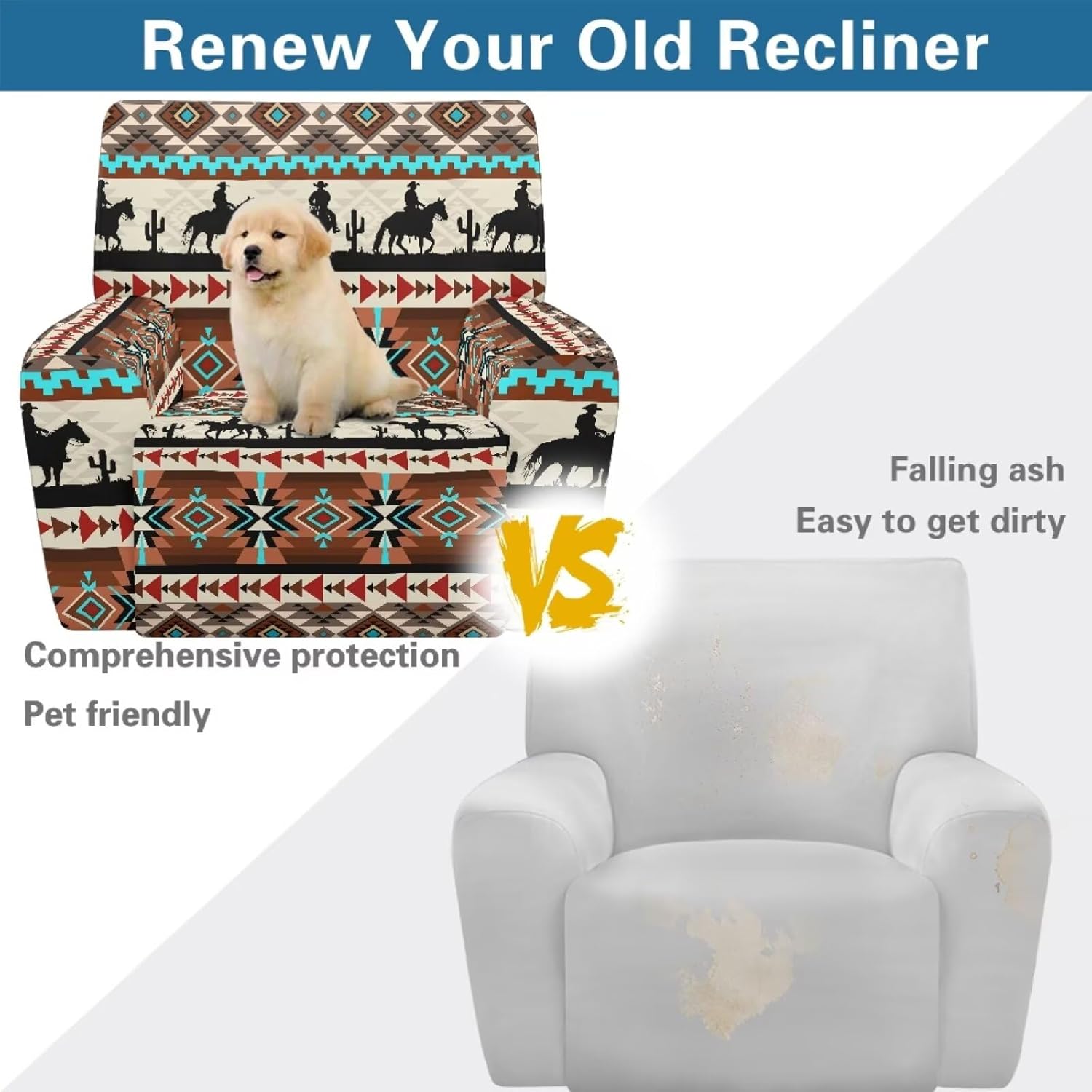 Western Aztec Cowboy Print Recliner Chair Covers Washable Lazy Boy Chair Covers Non Slip Single Seat Reclining Slipcovers Easy to Install Furniture Protector for Pet Kid