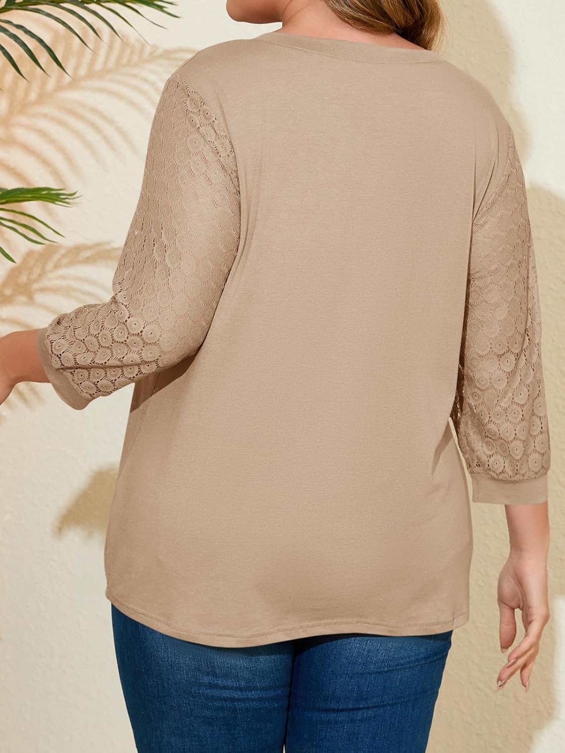 Beautife Womens Plus Size Tops Lace 3/4 Sleeve V Neck Tunic Shirts Casual Loose Fit Curvy Blouse - Image 3
