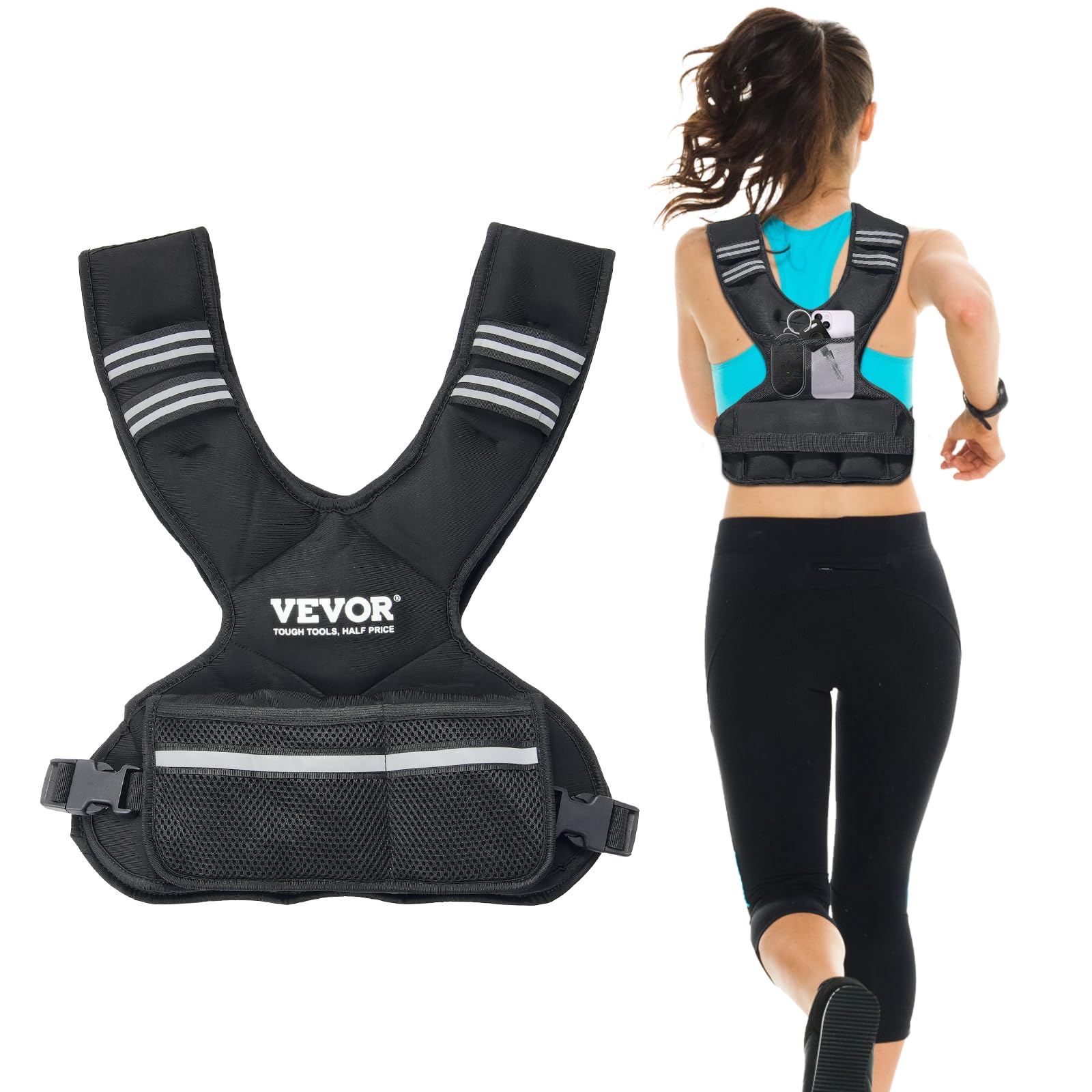 VEVOR Adjustable Weighted Vest, 11-20lb/20-32lbs/35lbs/40lbs Weight Vest with 6 Ironsand Weights and Reflective Stripe, Workout Equipment for Strength Training Running Jogging