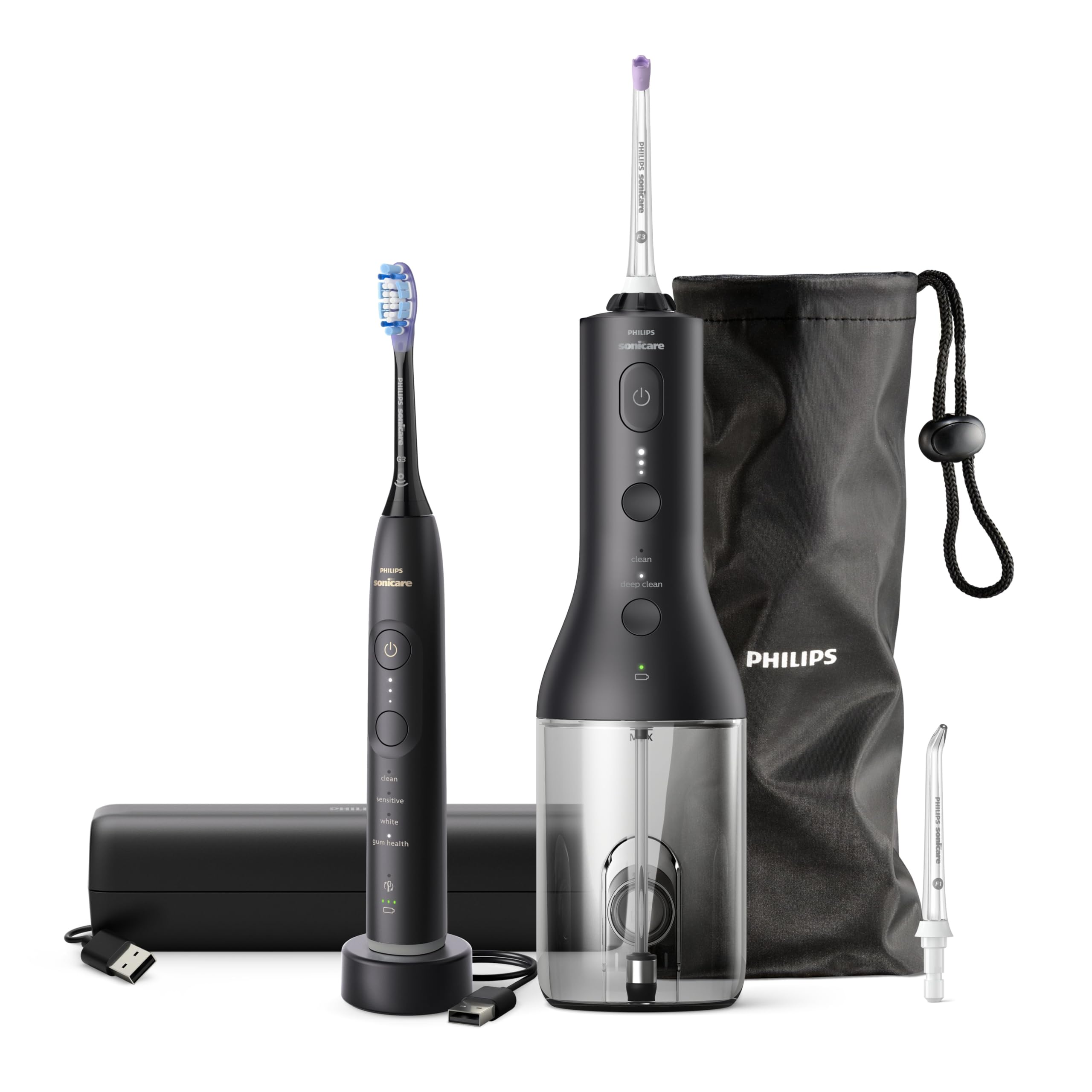 Philips Sonicare Power Flosser 3000 senza fili e spazzolino elettrico 7100 – Idropulsore con tecnologia Quad Stream, Next-Generation Sonicare, sensore di pressione e app, HX3887/43