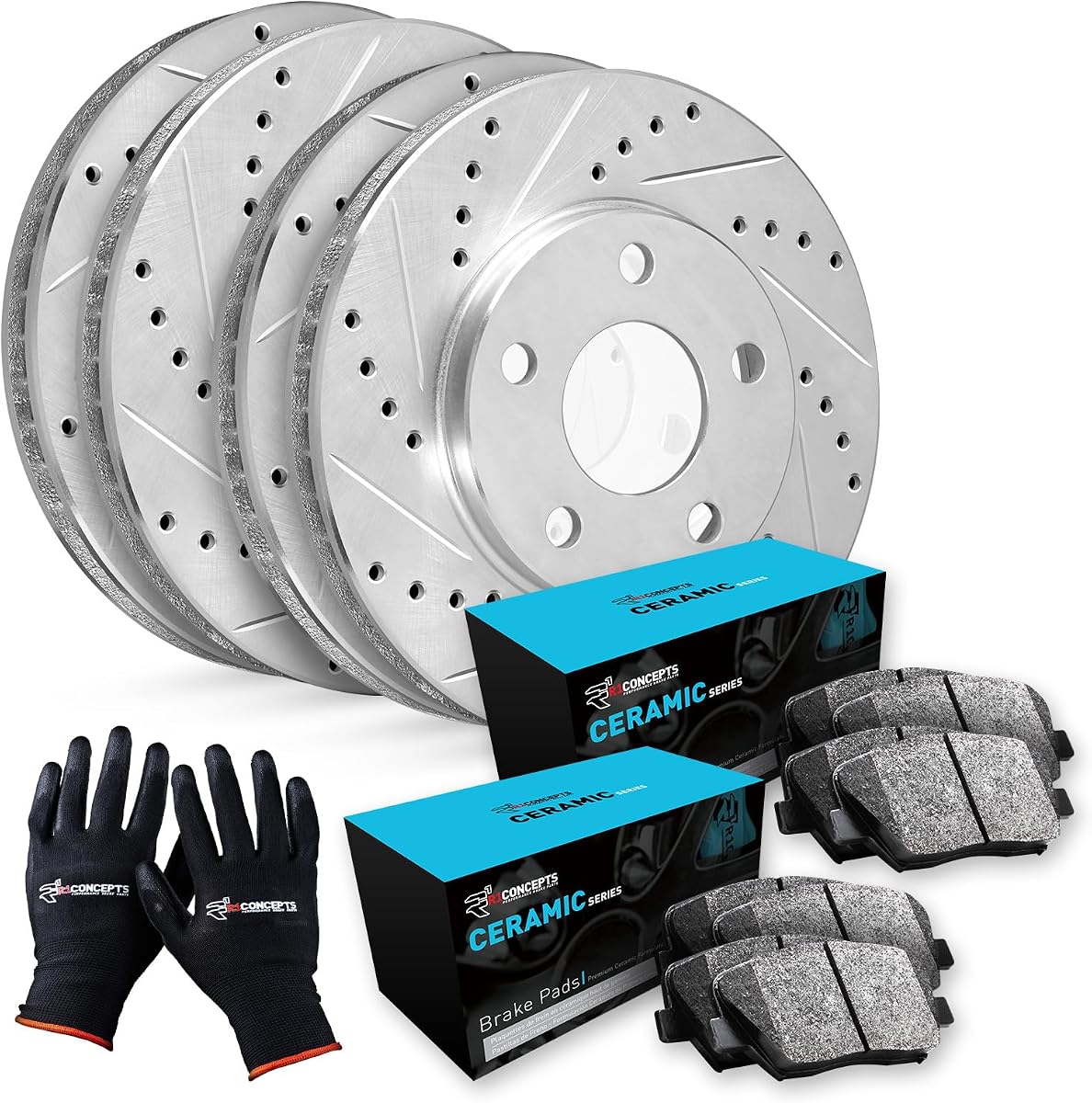 R1 Concepts Front and Rear Brake Kit Fits 2011-2016 BMW 528i | Ceramic Pads, Drilled Slotted eLINE Rotors| Sensor Wire| 13.0" Front & 13.0" Rear