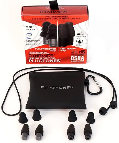 Plugfones Dynamics - Juego de 2 pares de tapones para los oídos de alta fidelidad y 29 NRR para conciertos, músicos, disparos y más, con mosquetón y