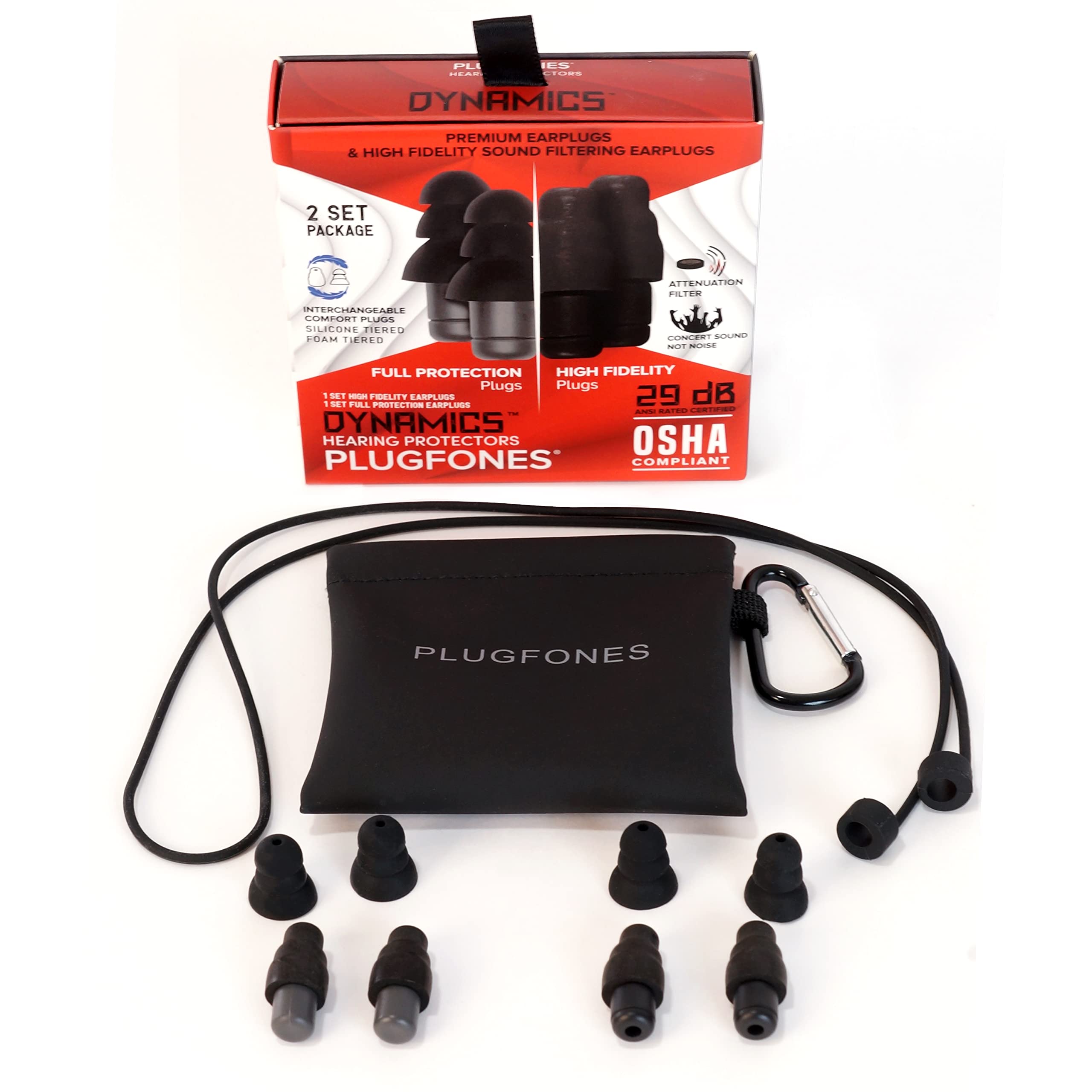 PlugfonesDynamics High Fidelity Earplugs and Full 29 NRR Earplugs 2 Pair Set for Concerts Musicians Shooting and More with Carabiner Pinch case and Removable Comfort Connector Cable
