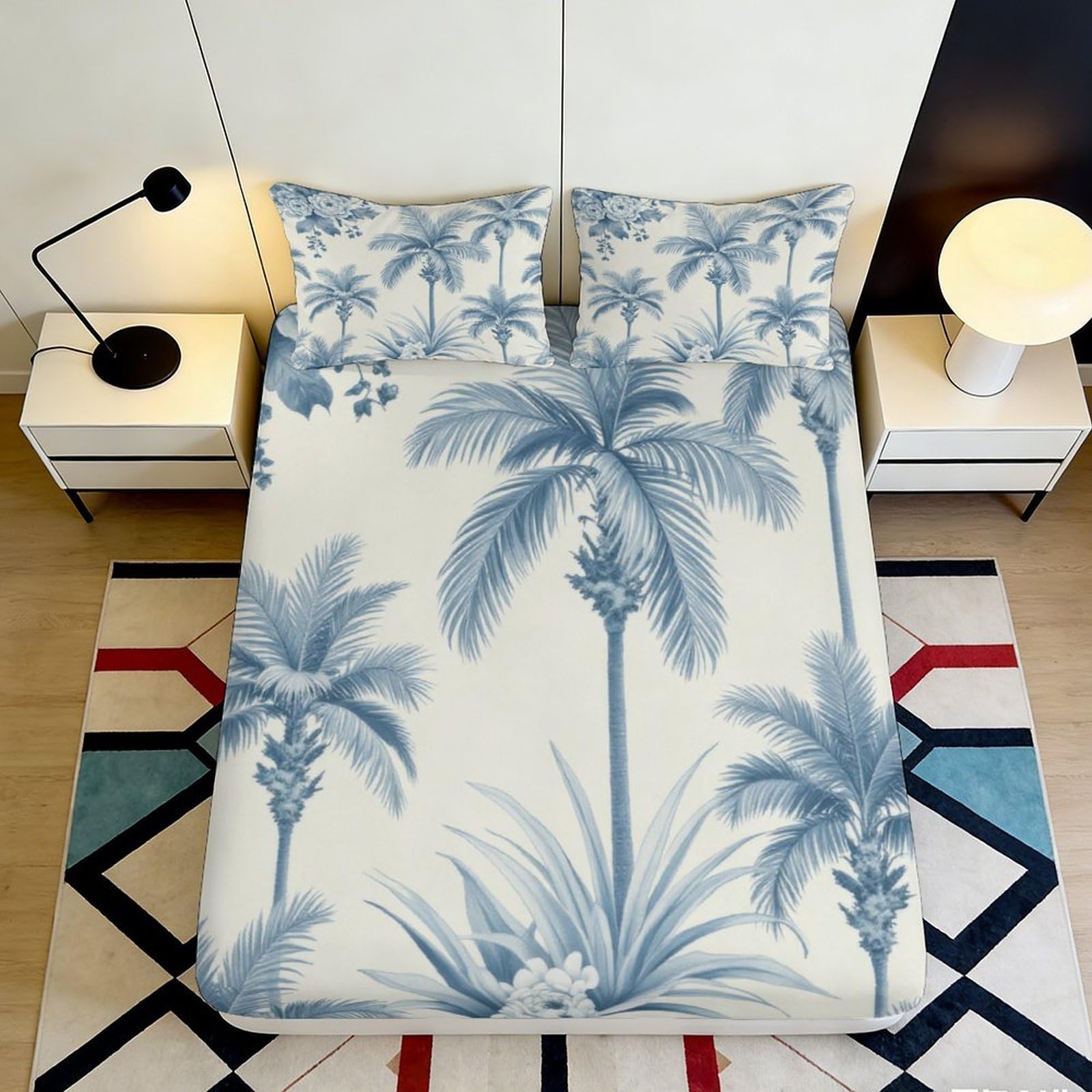 3D Printed Palm Tree Fitted Sheet Microfiber Deep Pocket Bedroom Bedding Elastic Hem Palm Tree Mattress Fitted Cover Washable 140x200x25cm