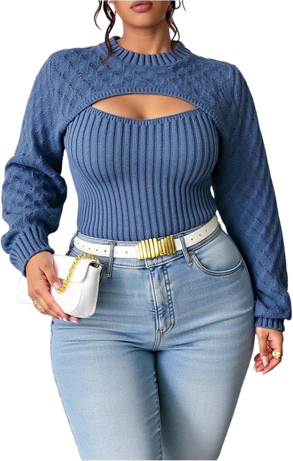 SHENHE Women's Plus Size Sweaters Long Sleeve Mock Neck Cutout Sweater Fitted Knit Tops