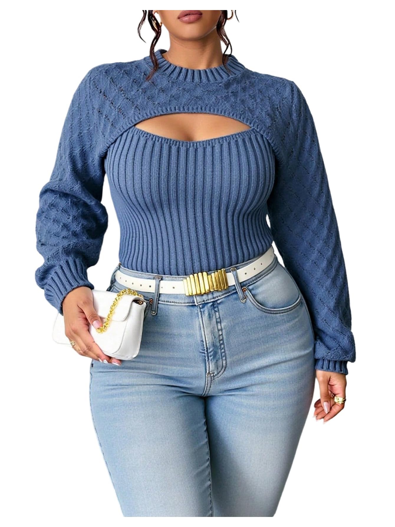 SHENHE Womens Plus Size Sweaters Mock Neck Long Sleeve Cutout Fitted Sweaters Pullovers Knit Top