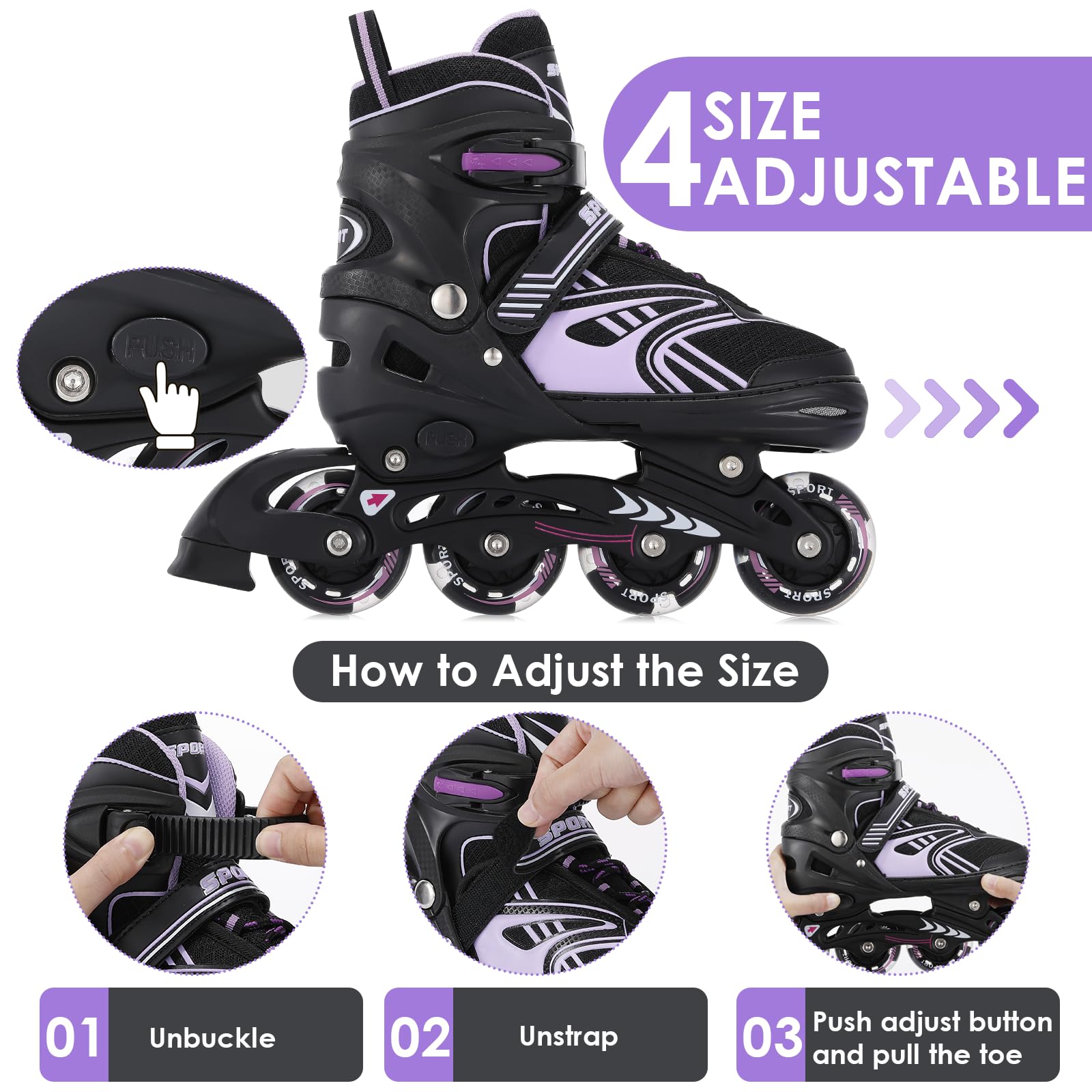 TOMSHOO Pattini in linea Pattini a Rotelle Regolabili 4 Misure, Ruote a LED, Pattini in linea Bambina, Bambini, Ragazzi, Ragazze