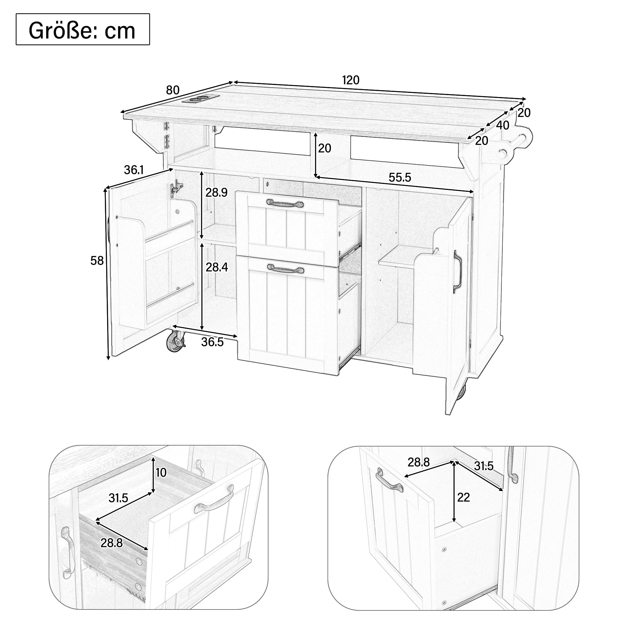 Kücheninsel mit Rollen & ausziehbarem Esstisch, Mobile Kücheninsel mit Steckdosen, Schubladen & Handtuchhalter, Platzsparender Küchenwagen klappbar für kleine Küchen & Esszimmer (Weiß)