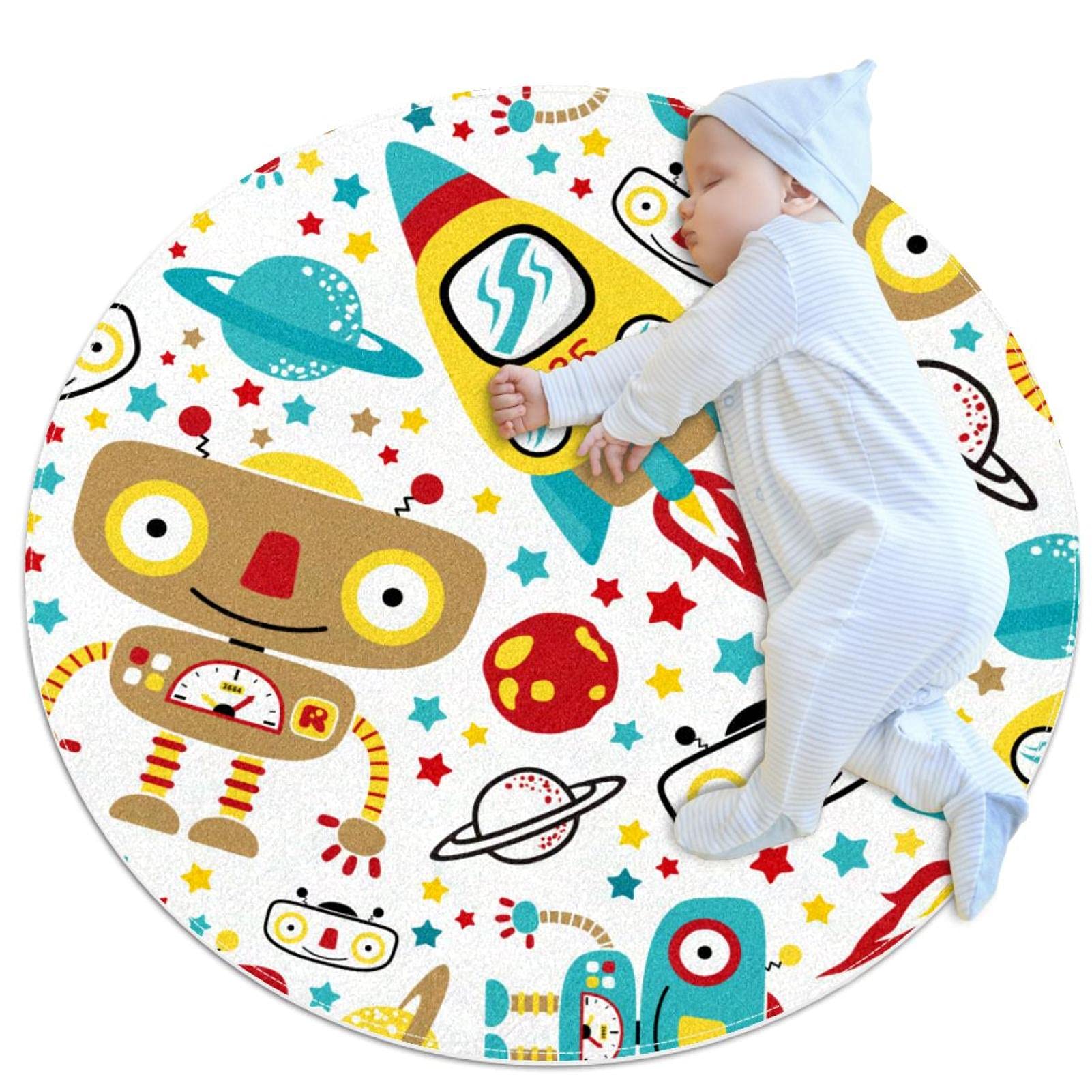 Tapis de jeu pour enfants anti sol froid tapis rond fusées étoiles 80x80cm