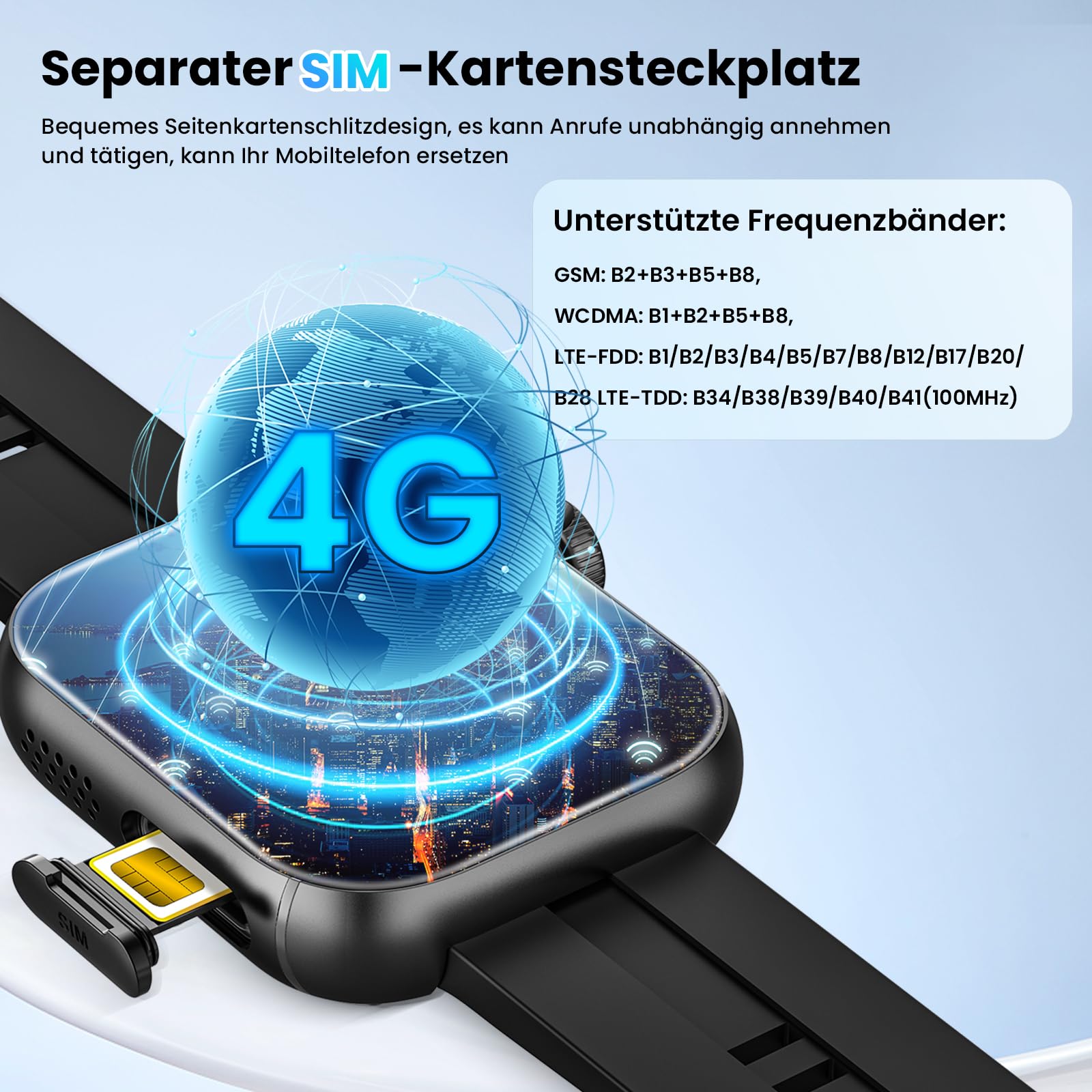 4G Smartwatch mit Telefon 2.1" AMOLED Touch Großbildschirm Smart Watch für Herren Damen Fitness 1020mAh GPS Tracker SIM Slot Drehende Kamera Herzfrequenz Monitor SOS Anruf Sportuhren 3GB+32GB Schwarz
