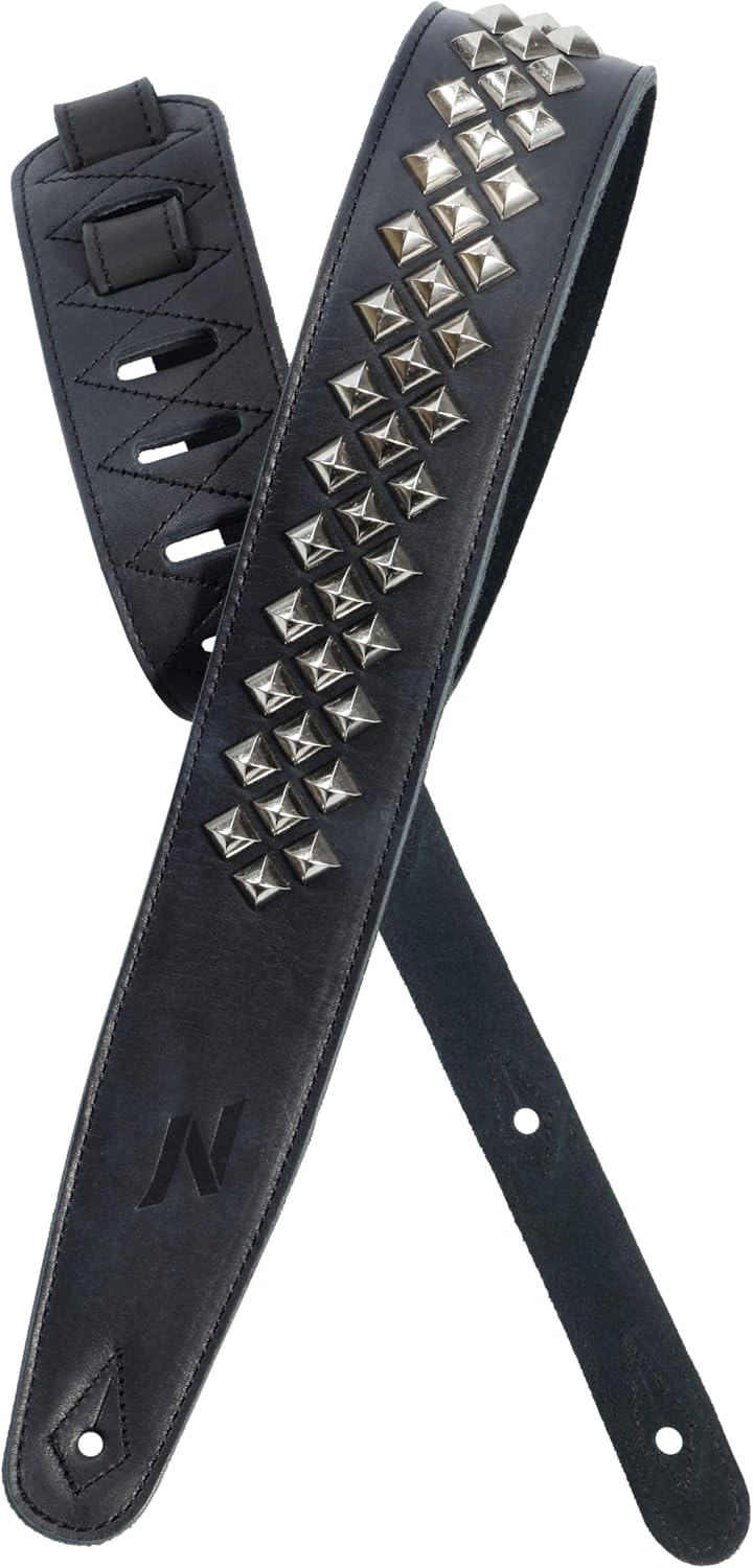 Nefelibata Full Grain Leather Guitar Strap with Foam Padding with Square Diamond Silver Rivets for Electric, Acoustic and Bass Guitars (2.5" Wide, Carbon Black)