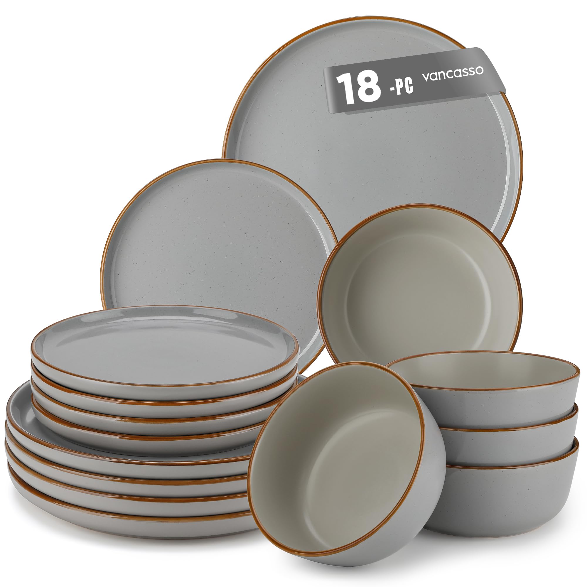 vancasso Reno Stoneware Dinner Set for 6, 18 Pieces Plates and Bowls Set with Dinner Plates, Dessert Plates & Cereal Bowls, Grey Speckled Crockery Set, Chip & Scratch Resistant